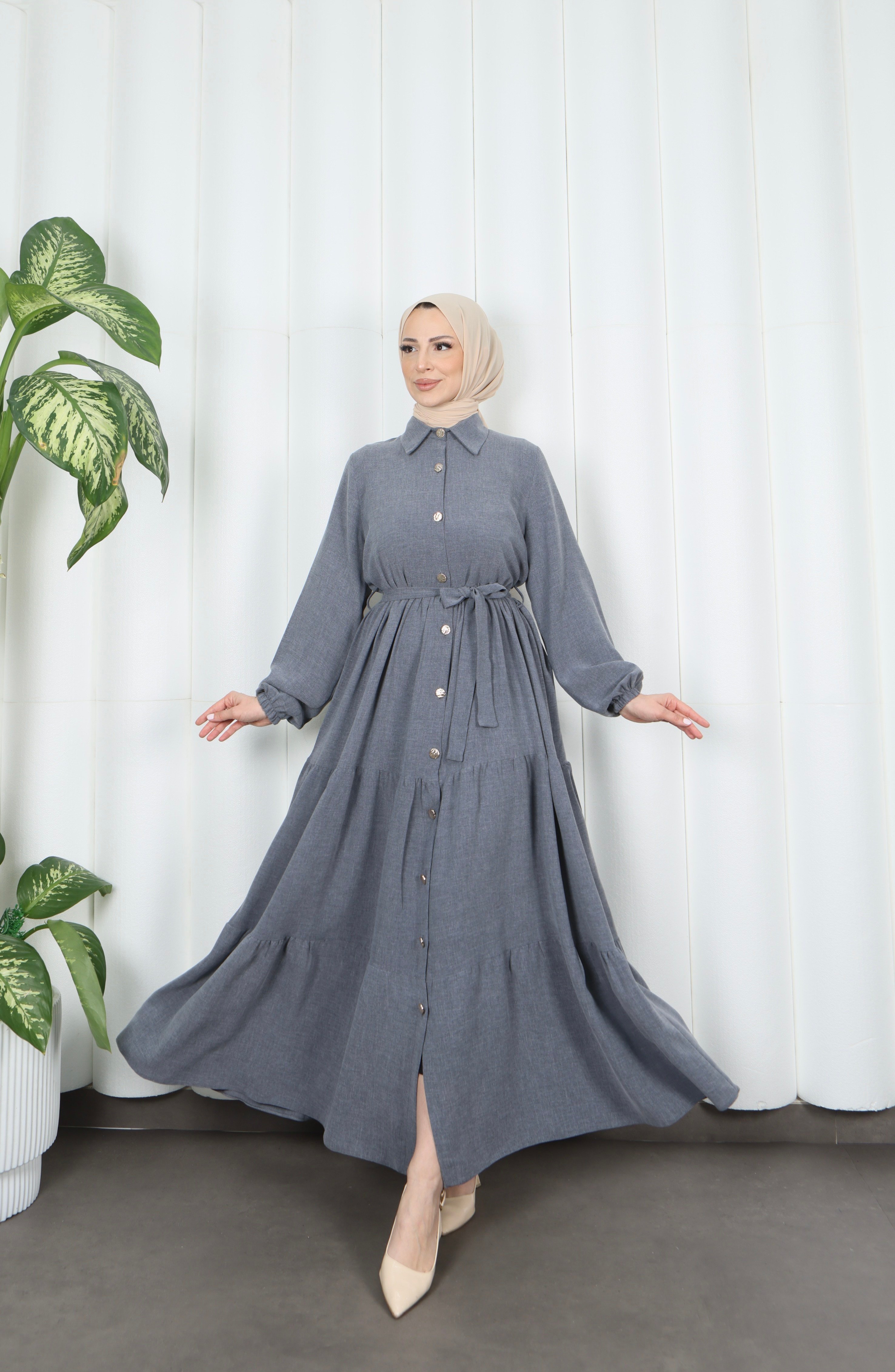 Boydan Düğmeli Kuşaklı Katlı Elbise Koyu  Gri  HNT8593