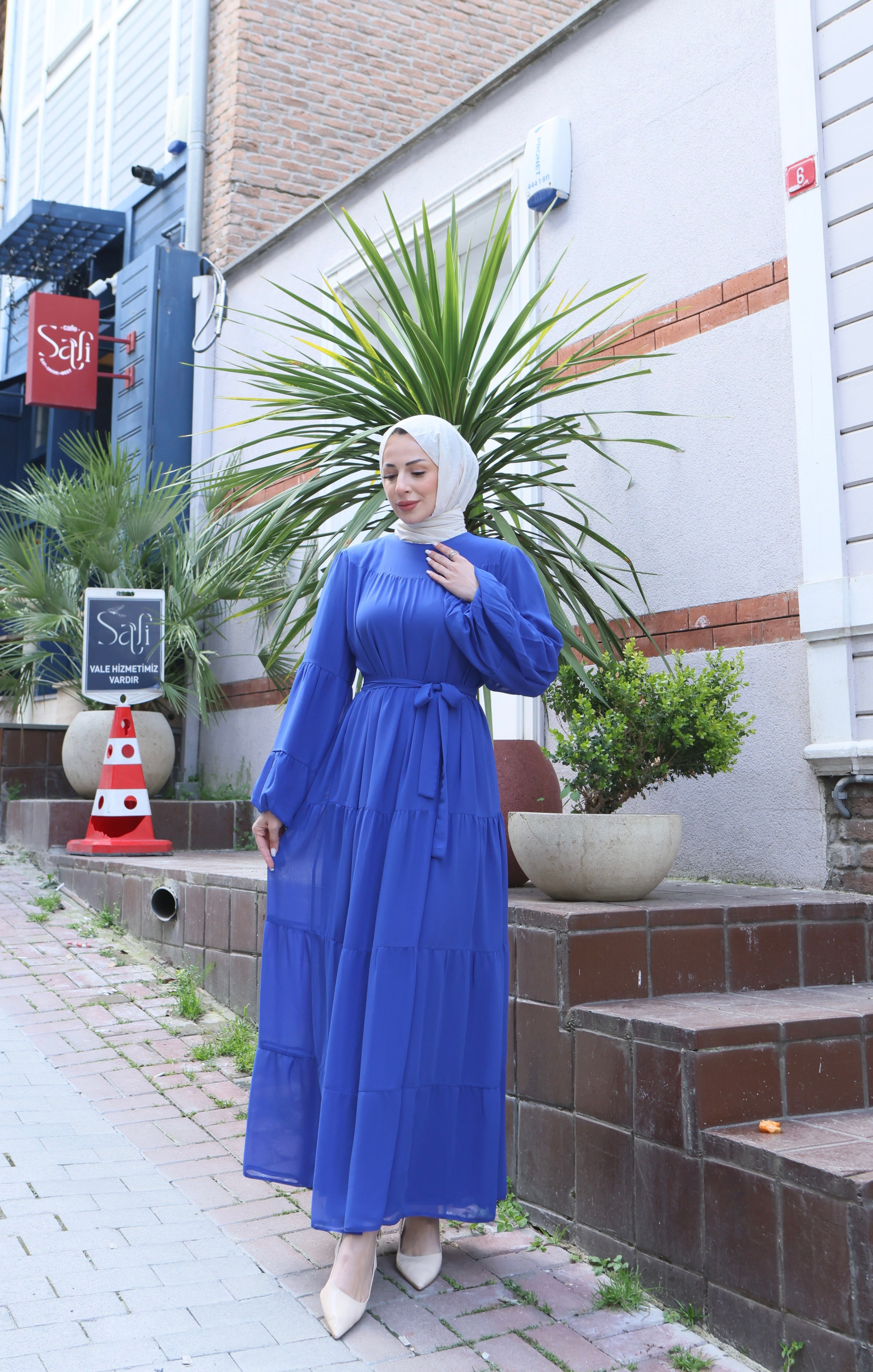 Kuşaklı Kat Kat Şifon  Elbise  Saks Mavisi HNT8595 