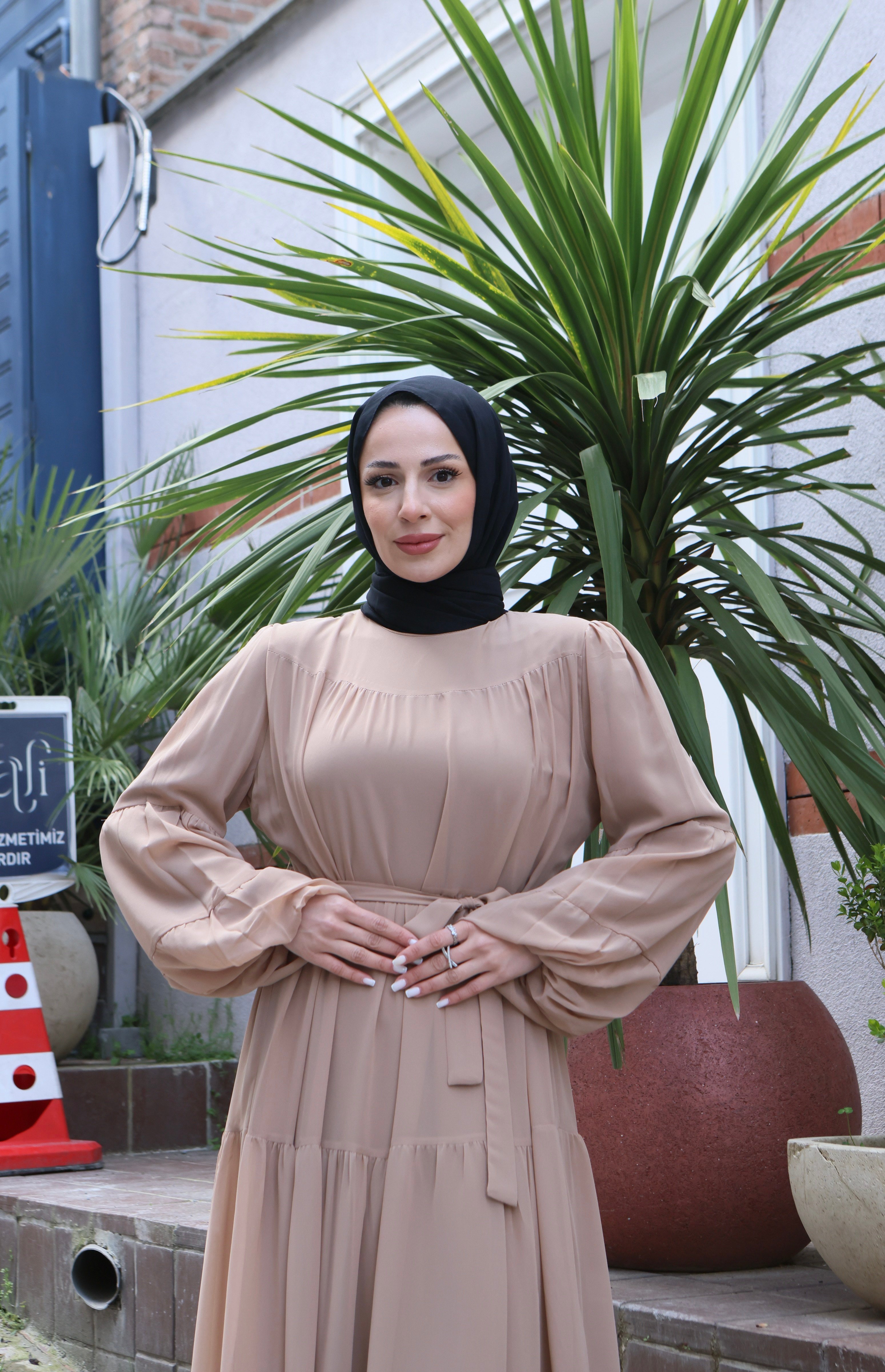 Kuşaklı Kat Kat Şifon  Elbise  Vizon   HNT8595 