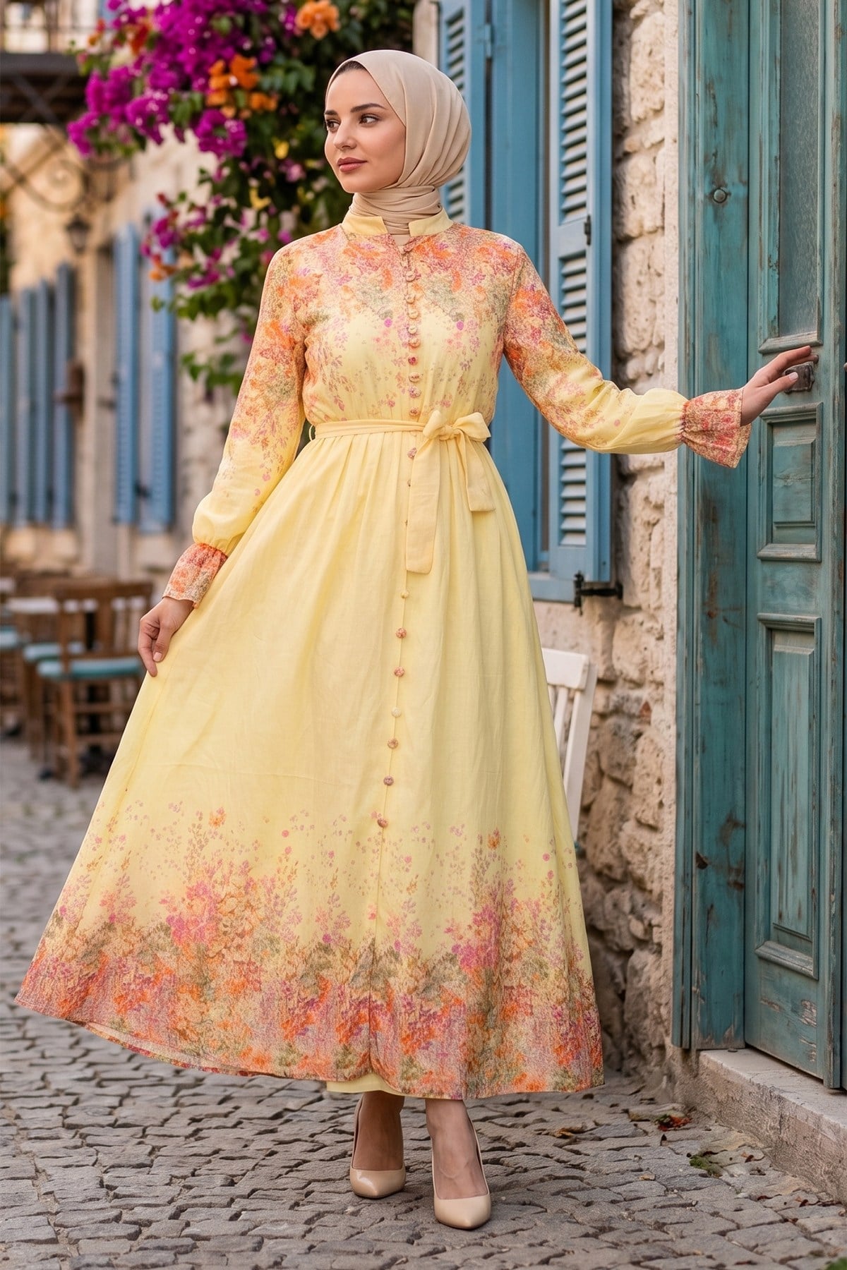 Çiçek Desenli Astarlı Kuşaklı Elbise Sarı HNT8627