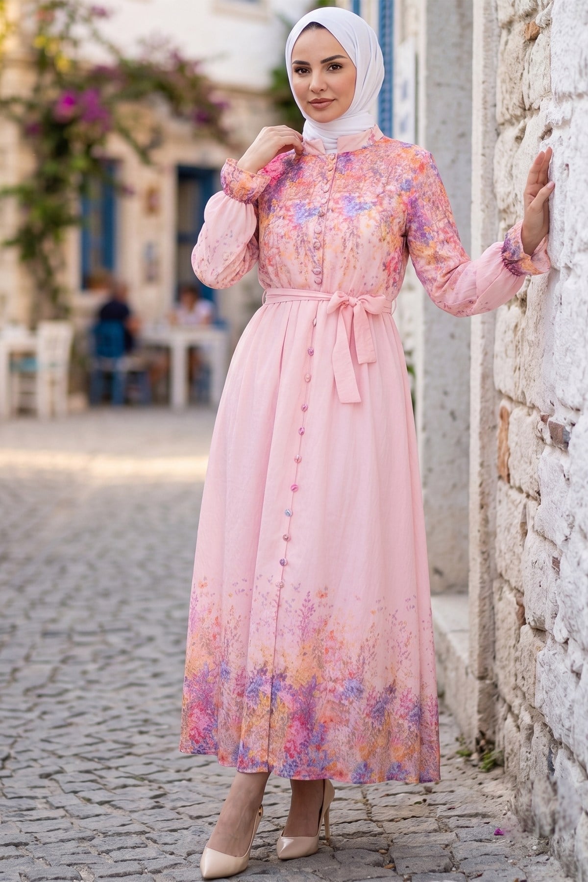 Çiçek Desenli Astarlı Kuşaklı Elbise Pembe HNT8627