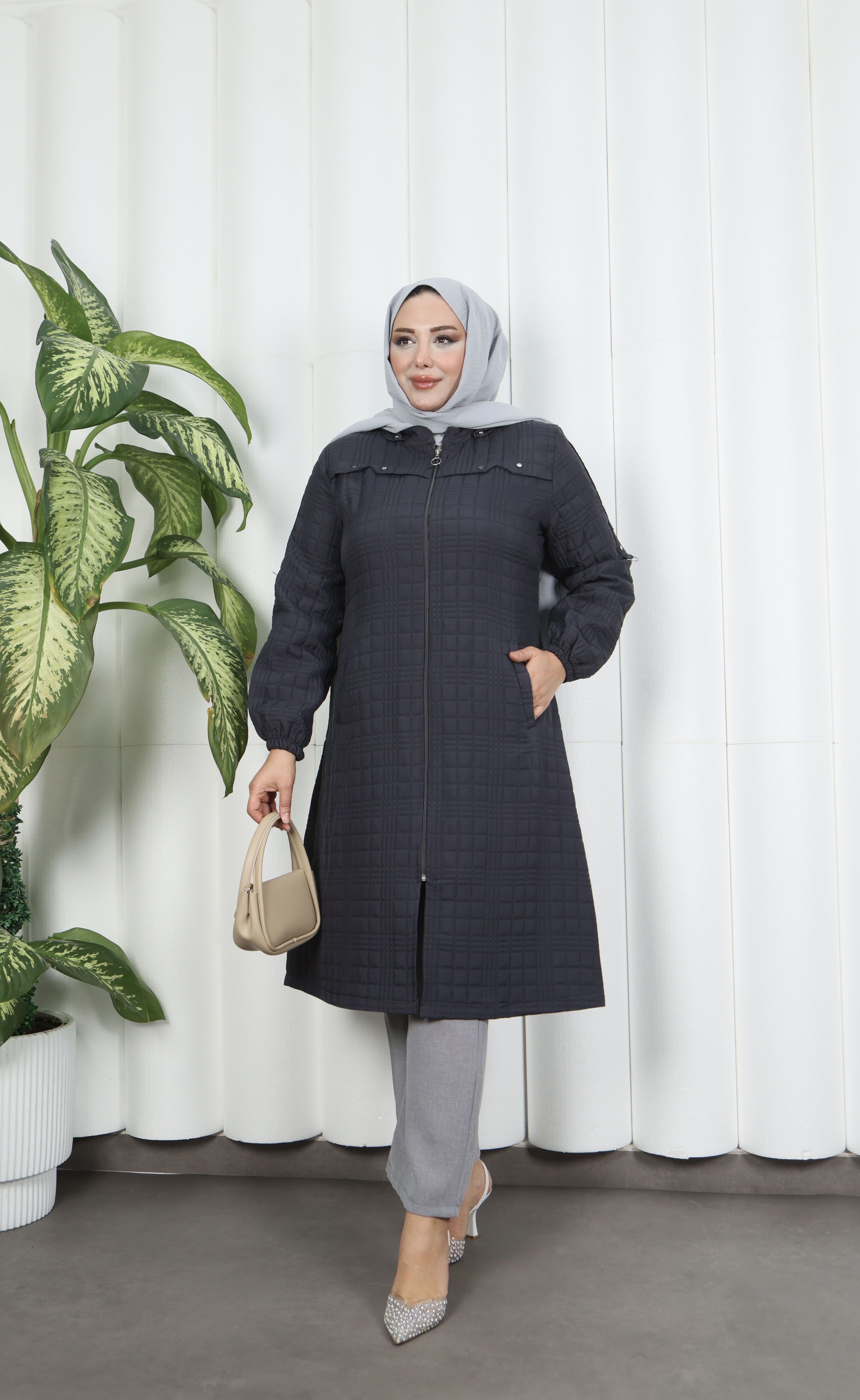 Fermuarlı Kapitone  Uzun Kap KOYU GRİ HNT8581 