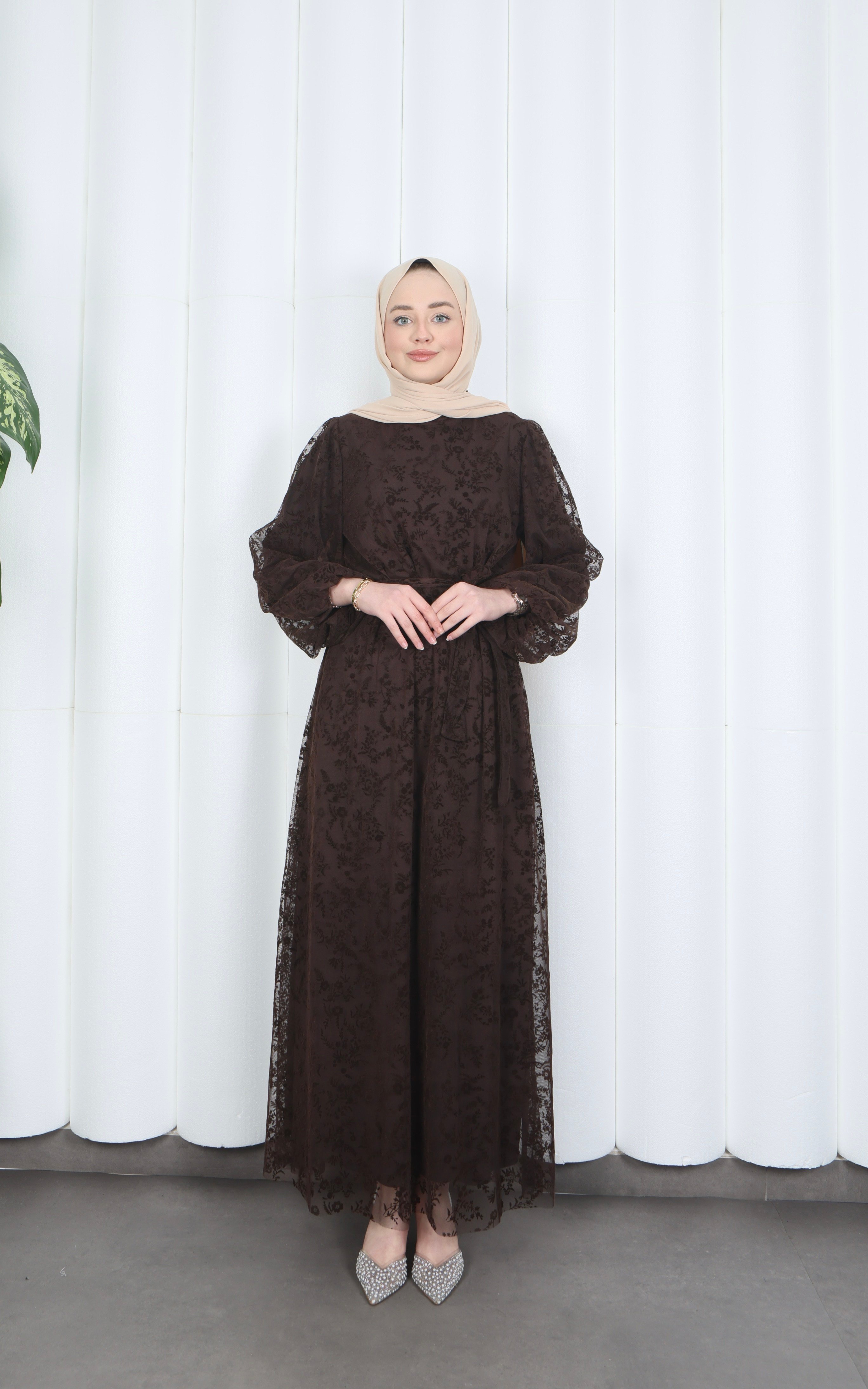 Flok Baskılı Astarlı Tül Elbise Kahverengi HNT8565