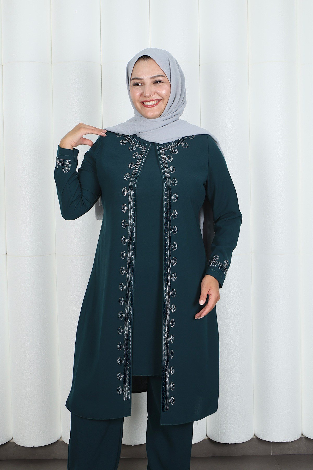 Kolları Taşlı Büyük Beden Anne Takımı Zümrüt HNT2101 
