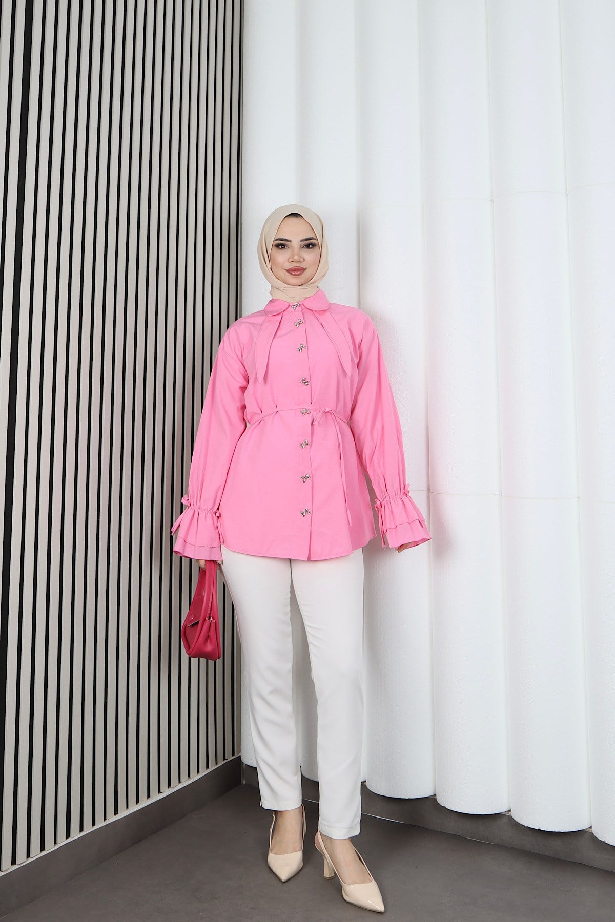 Kelebek Taş Düğme Detaylı  Bağcıklı Tunik Pembe   HNT2126