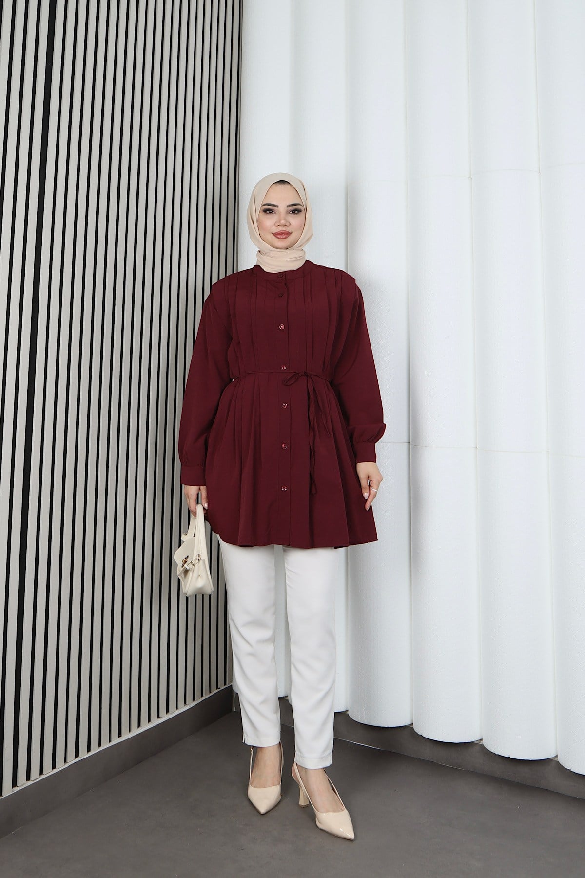 Hakim Yaka Pile Detaylı Düğmeli Tunik Bordo  HNT2127