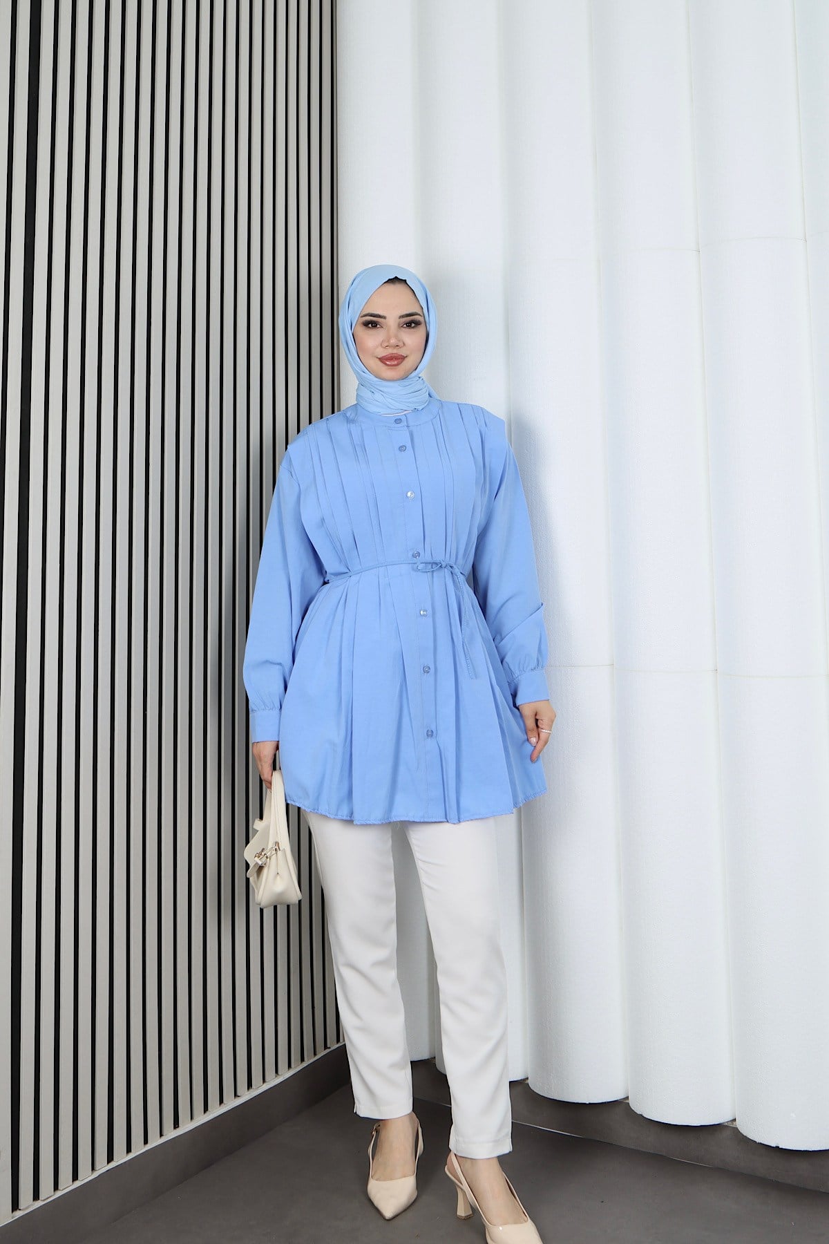 Hakim Yaka Pile Detaylı Düğmeli Tunik Bebe Mavisi  HNT2127