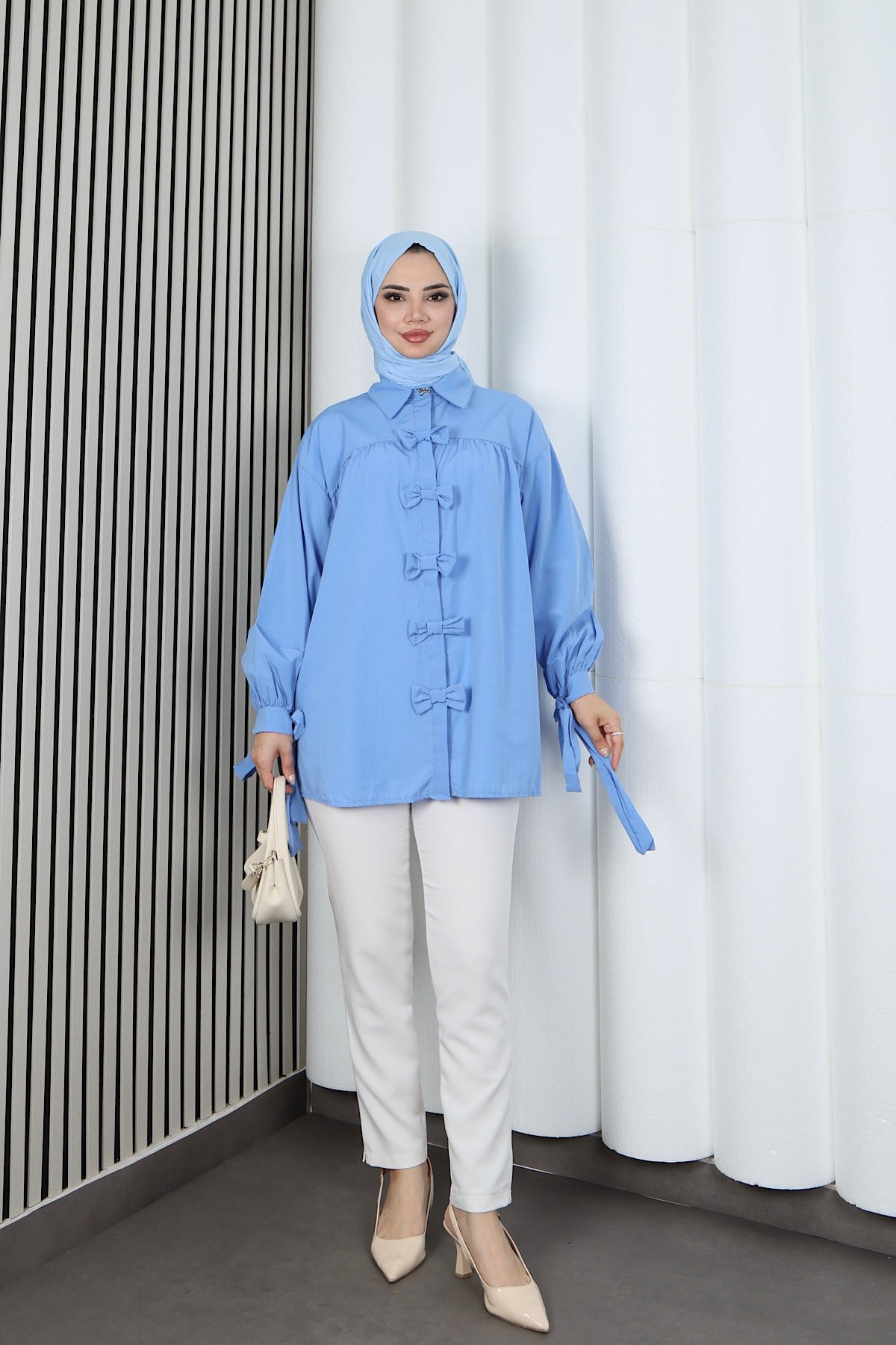 Fiyonk Detaylı Büzgülü Balon Kol Tunik Bebe Mavisi    HNT2128
