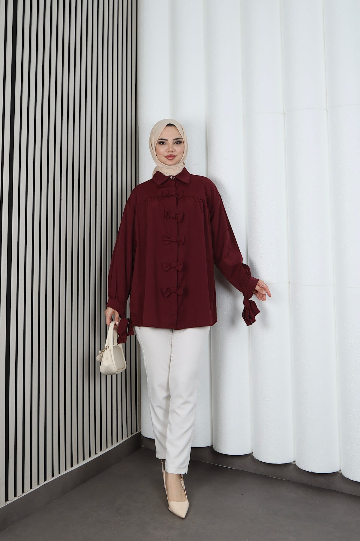 Fiyonk Detaylı Büzgülü Balon Kol Tunik Bordo   HNT2128