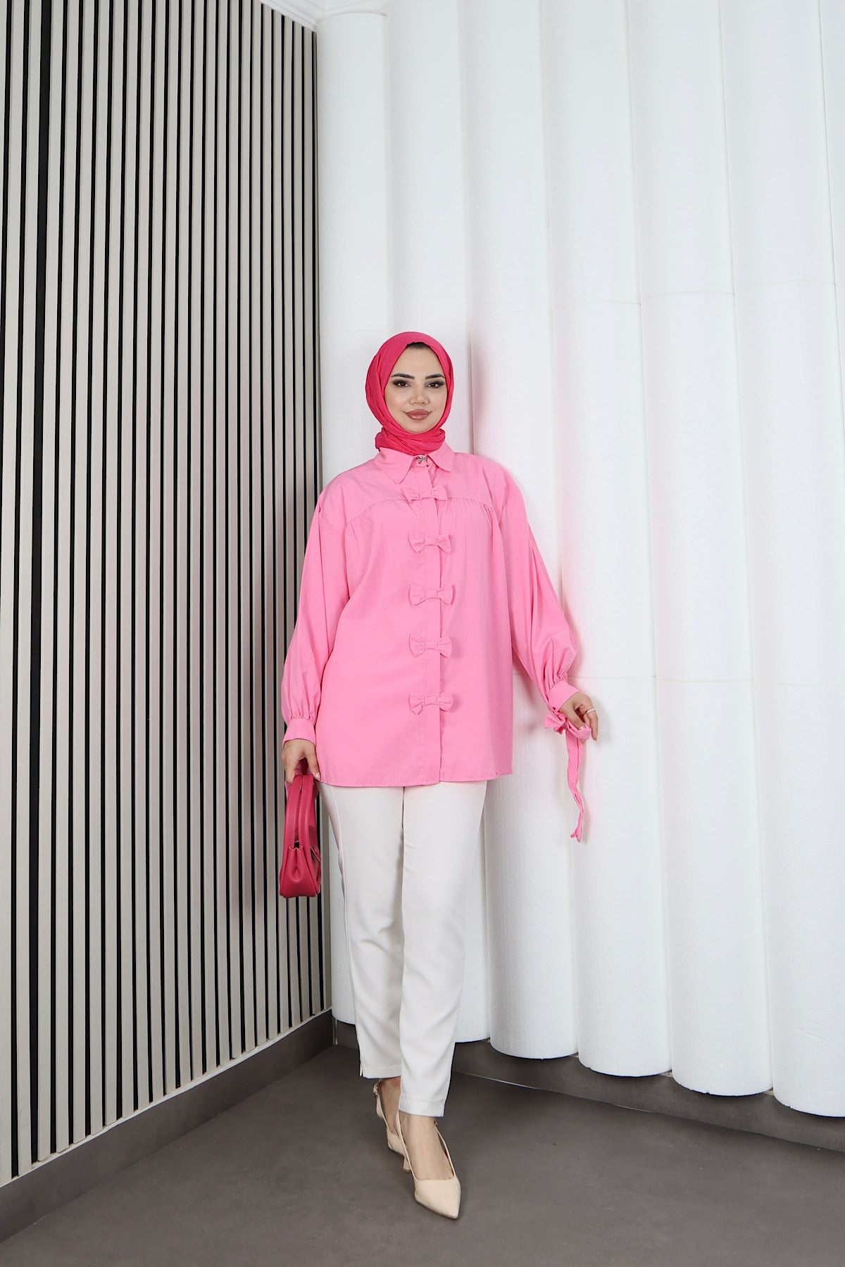 Fiyonk Detaylı Büzgülü Balon Kol Tunik Pembe   HNT2128