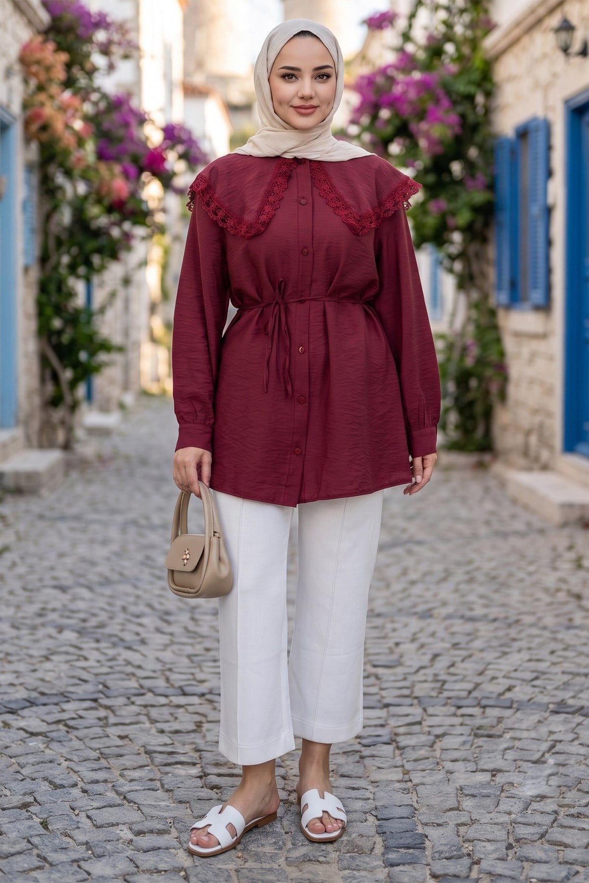 Bebe Yaka Dantel Detaylı Bağcıklı Tunik HNT2133 Bordo 