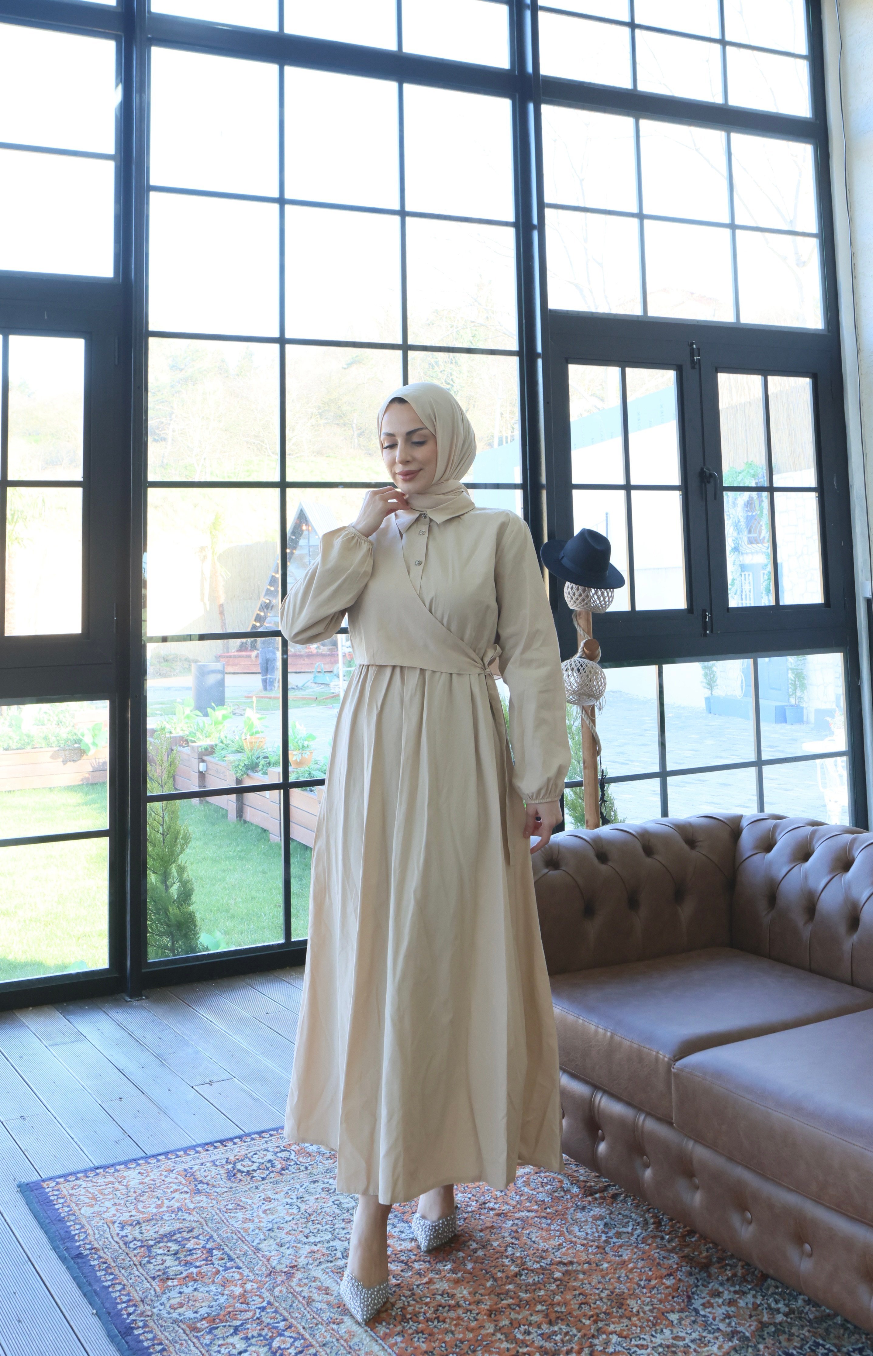 Yandan Bağlamalı  Tesettür Elbise Krem  HNT010