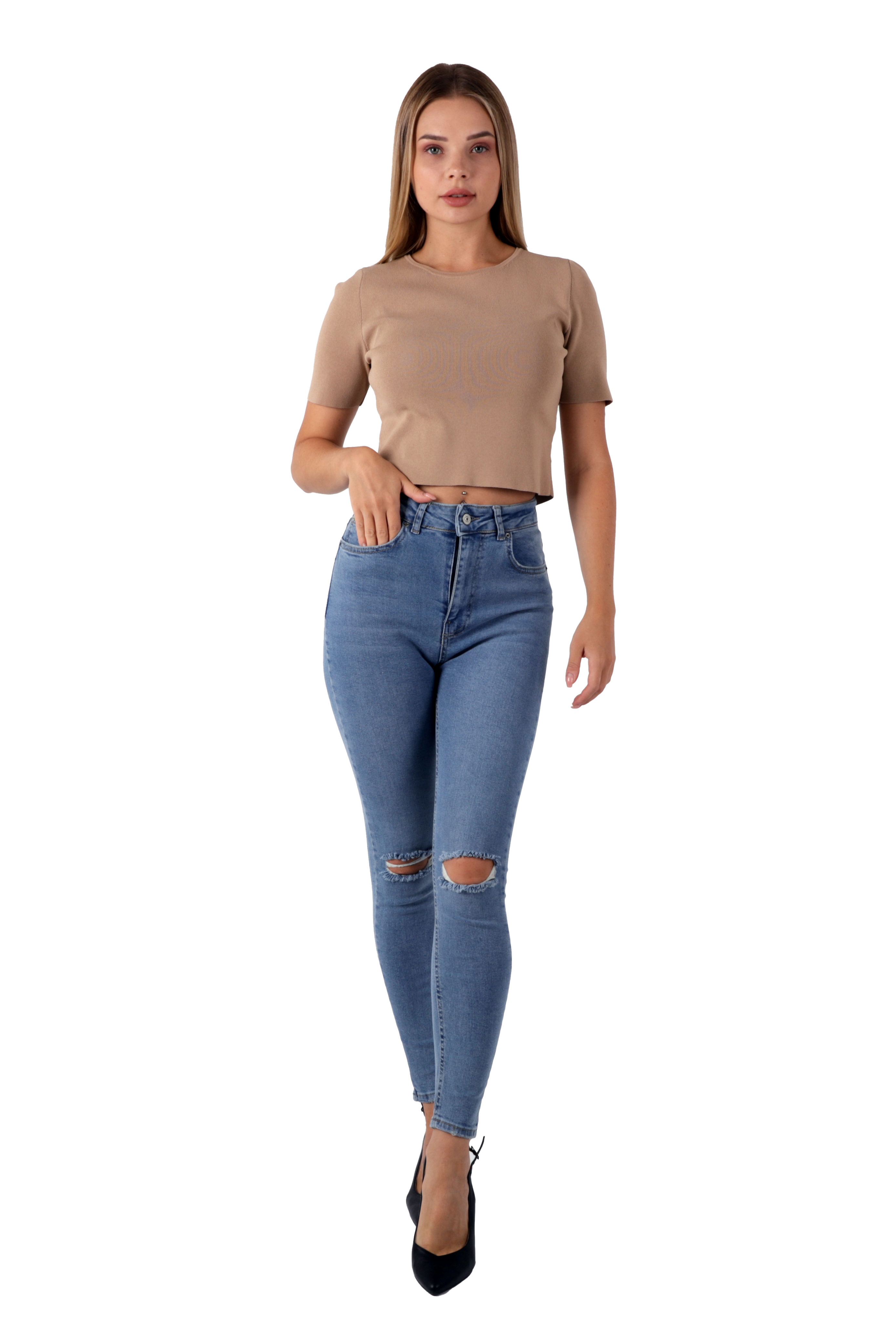 Mavi Renk Dar Paça Diz Yırtık Yüksek Bel Jeans
