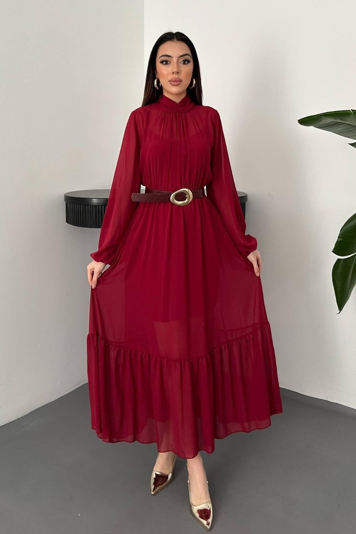 Toptan Bordo Eteği Fırfırlı Şifon Elbise