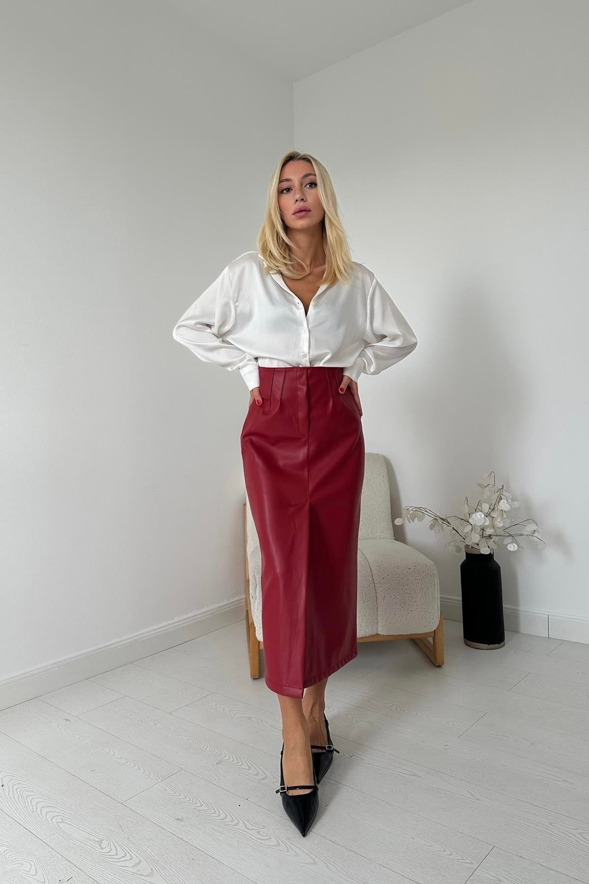Toptan Bordo Yırtmaçlı Süs Patlı Etek