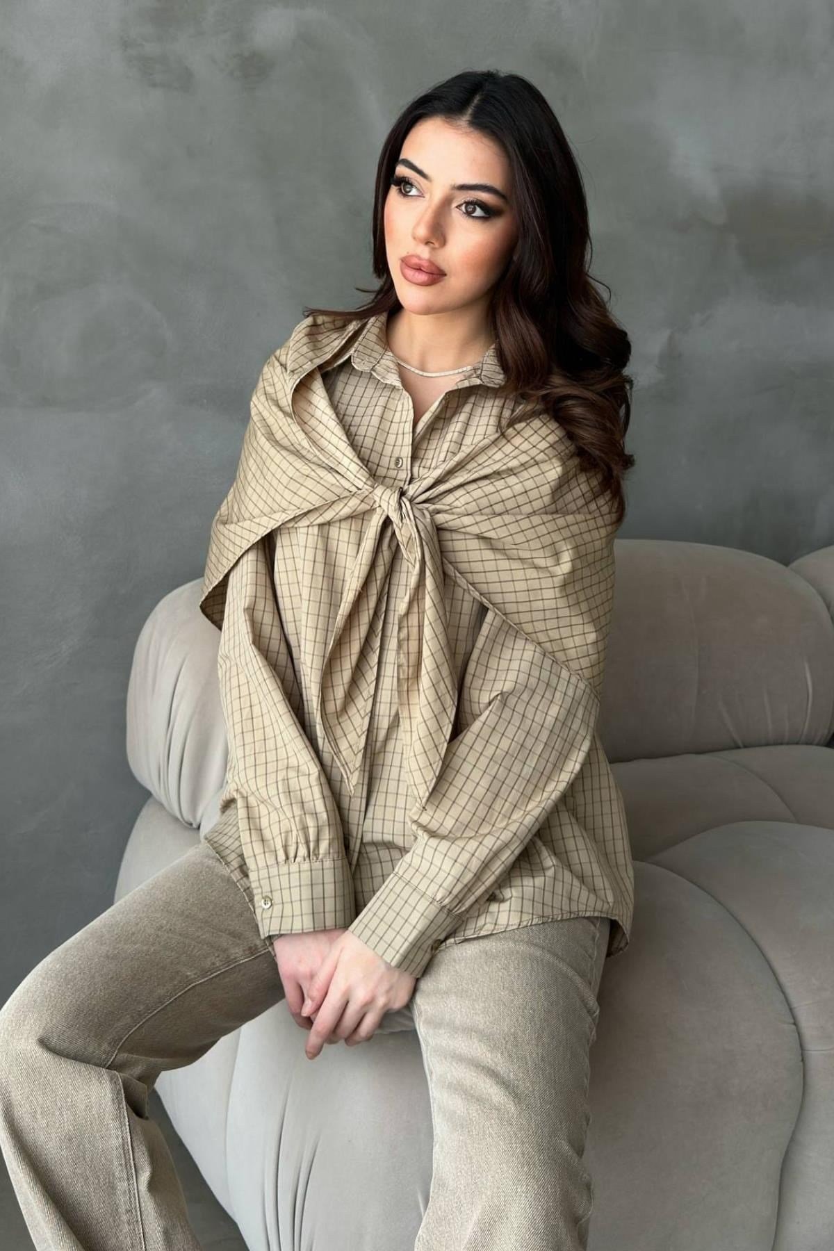 Toptan Camel Şal Detaylı Oversıze Gömlek