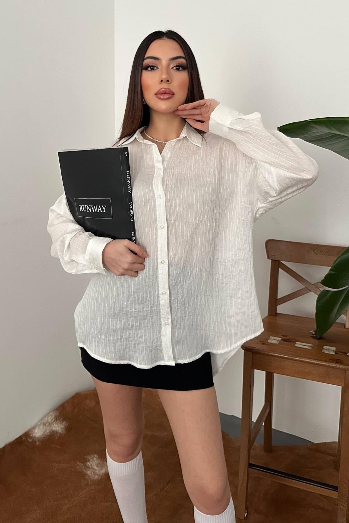 Toptan Ekru Nakışlı Oversize Gömlek