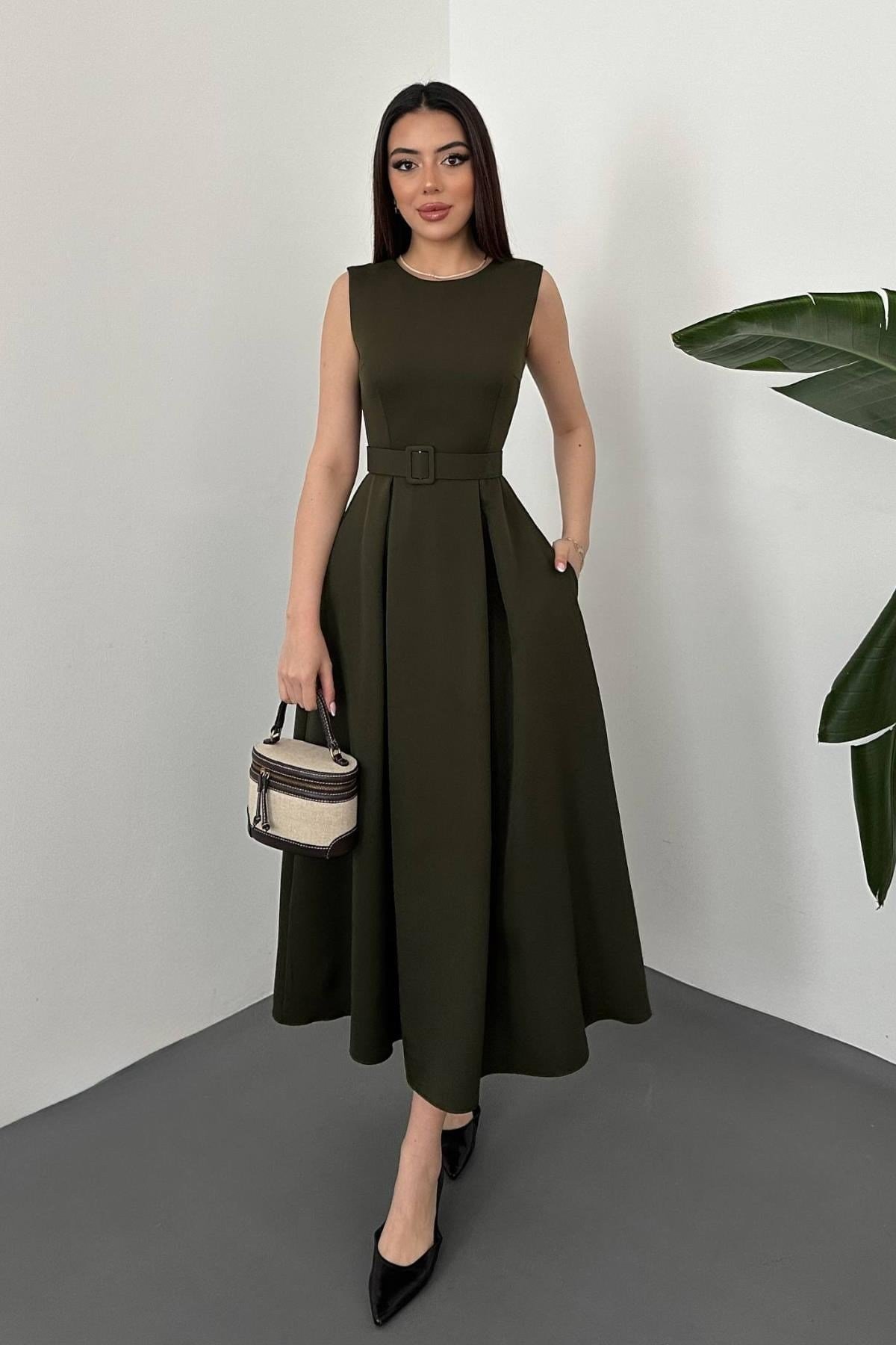 Toptan Haki Halter Yaka Kloş Elbise