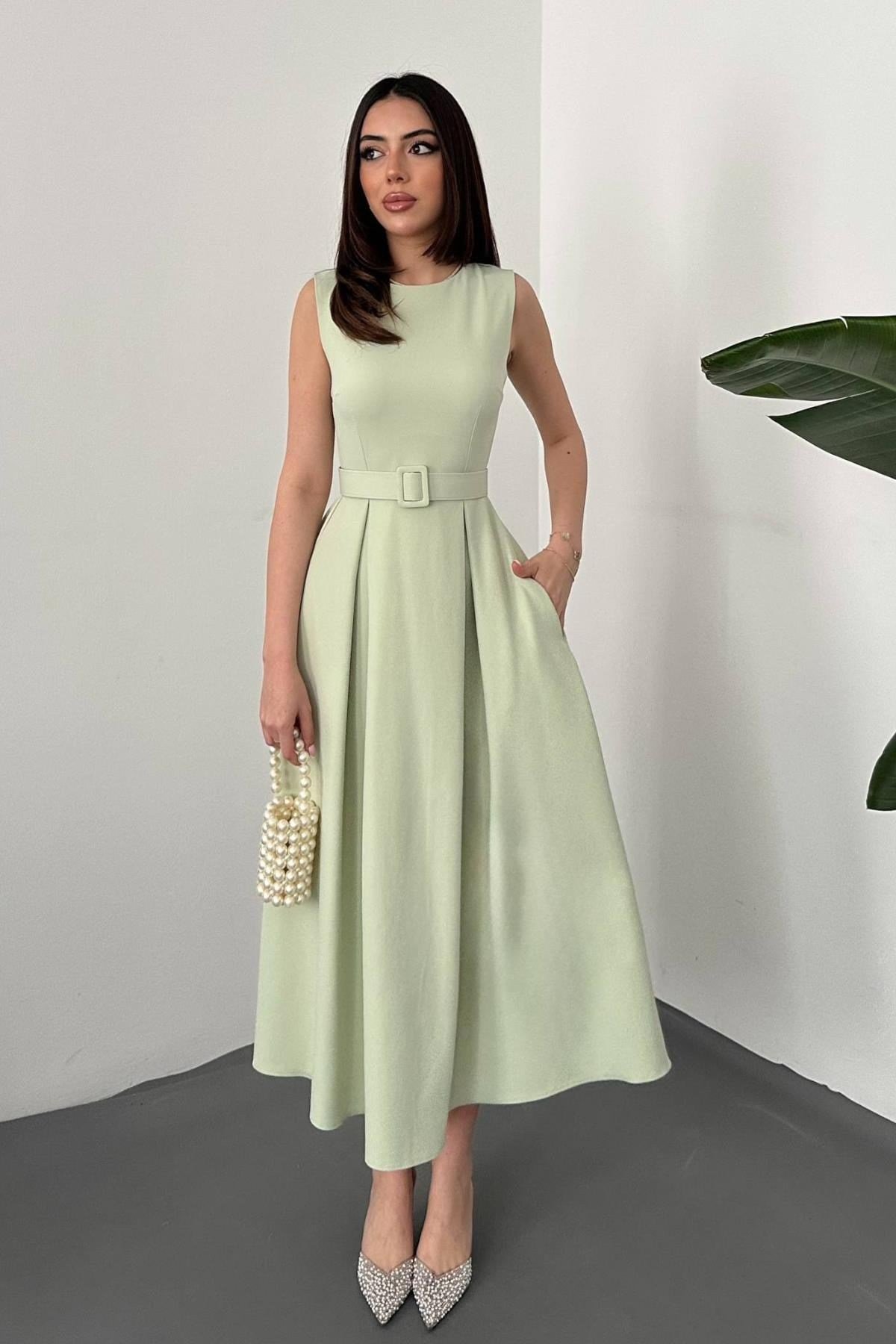Toptan Mint Halter Yaka Kloş Elbise