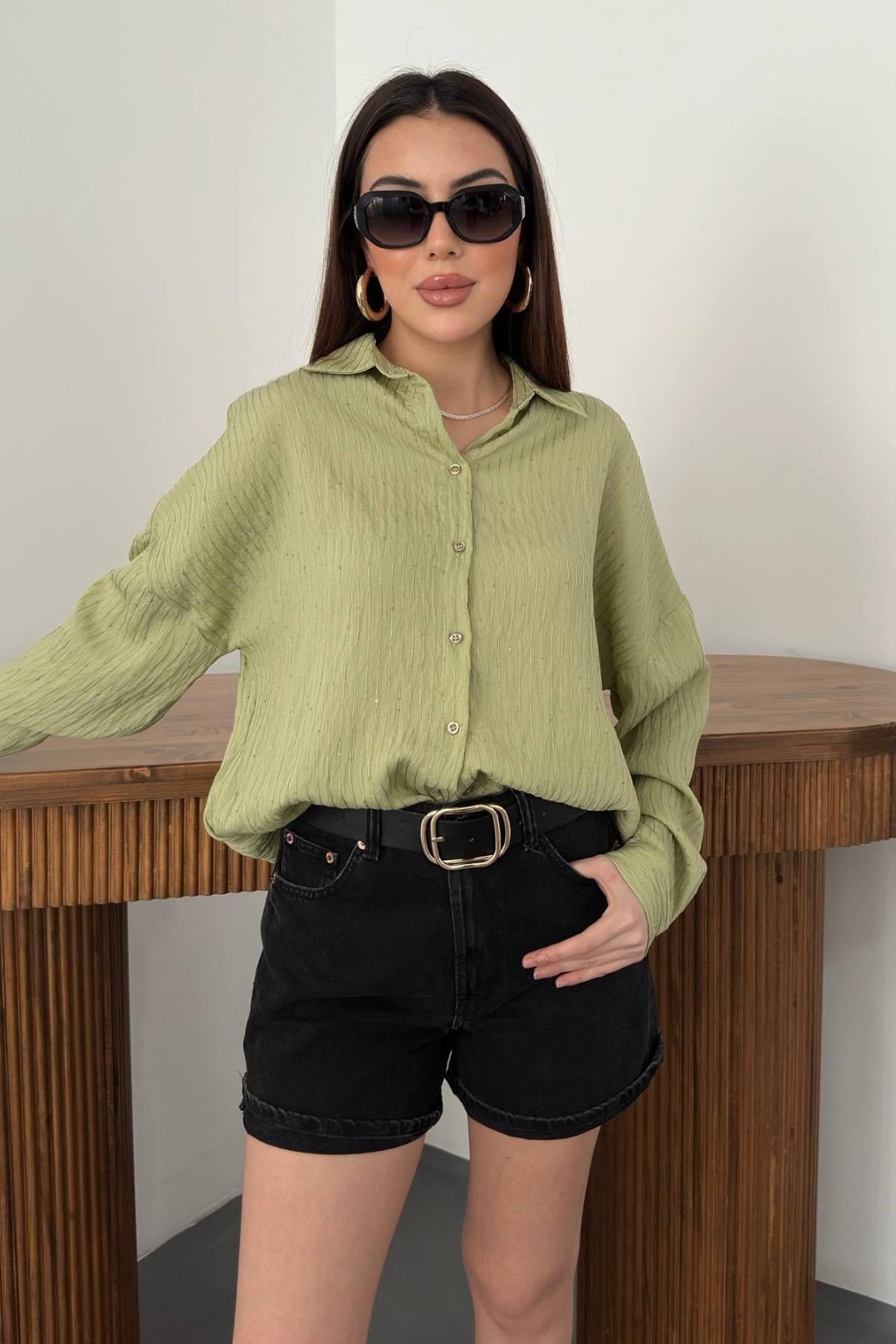 Toptan Yeşil Nakışlı Oversize Gömlek