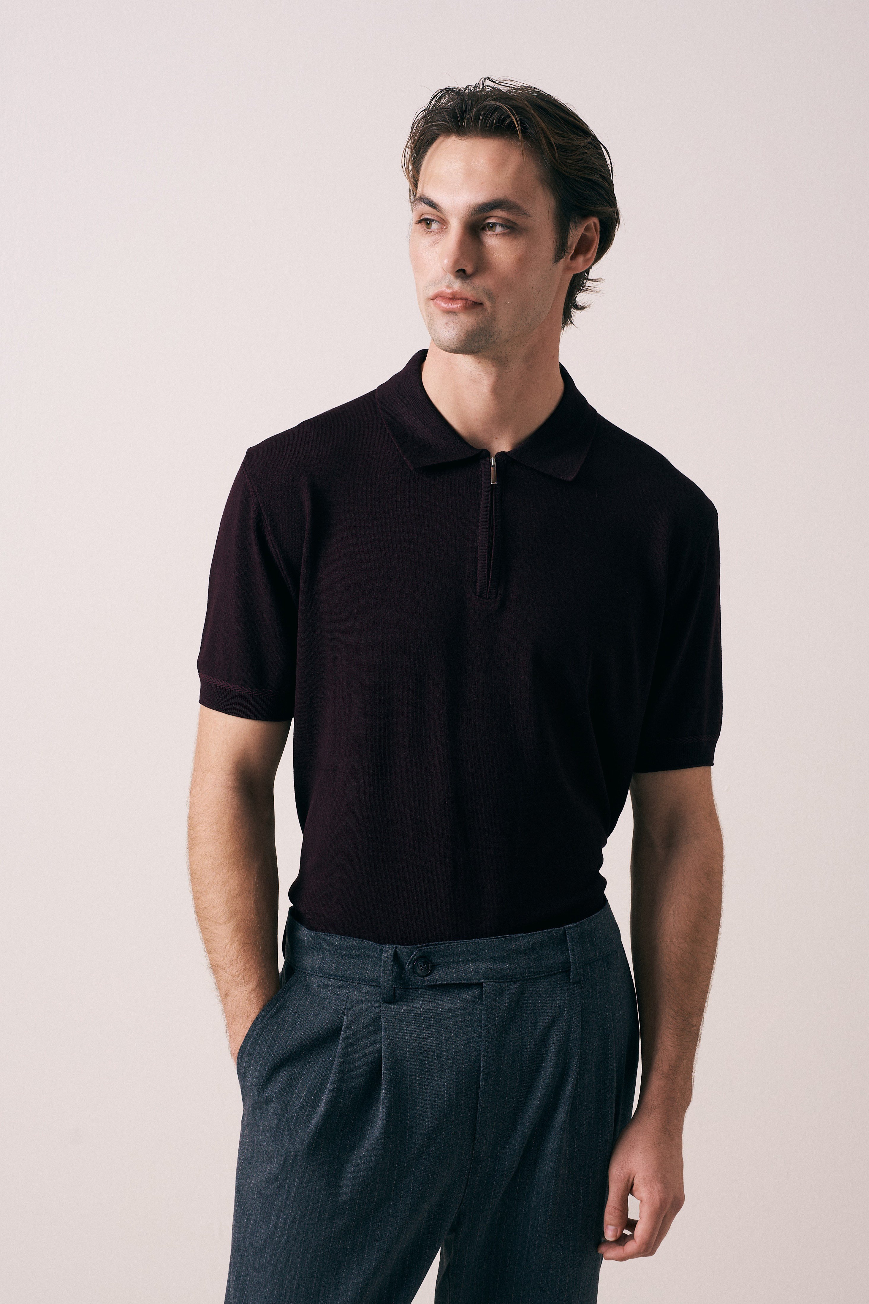 REGULAR FIT KOL ÖRGÜ DETAYLI FERMUARLI POLO TRİKO T-SHIRT