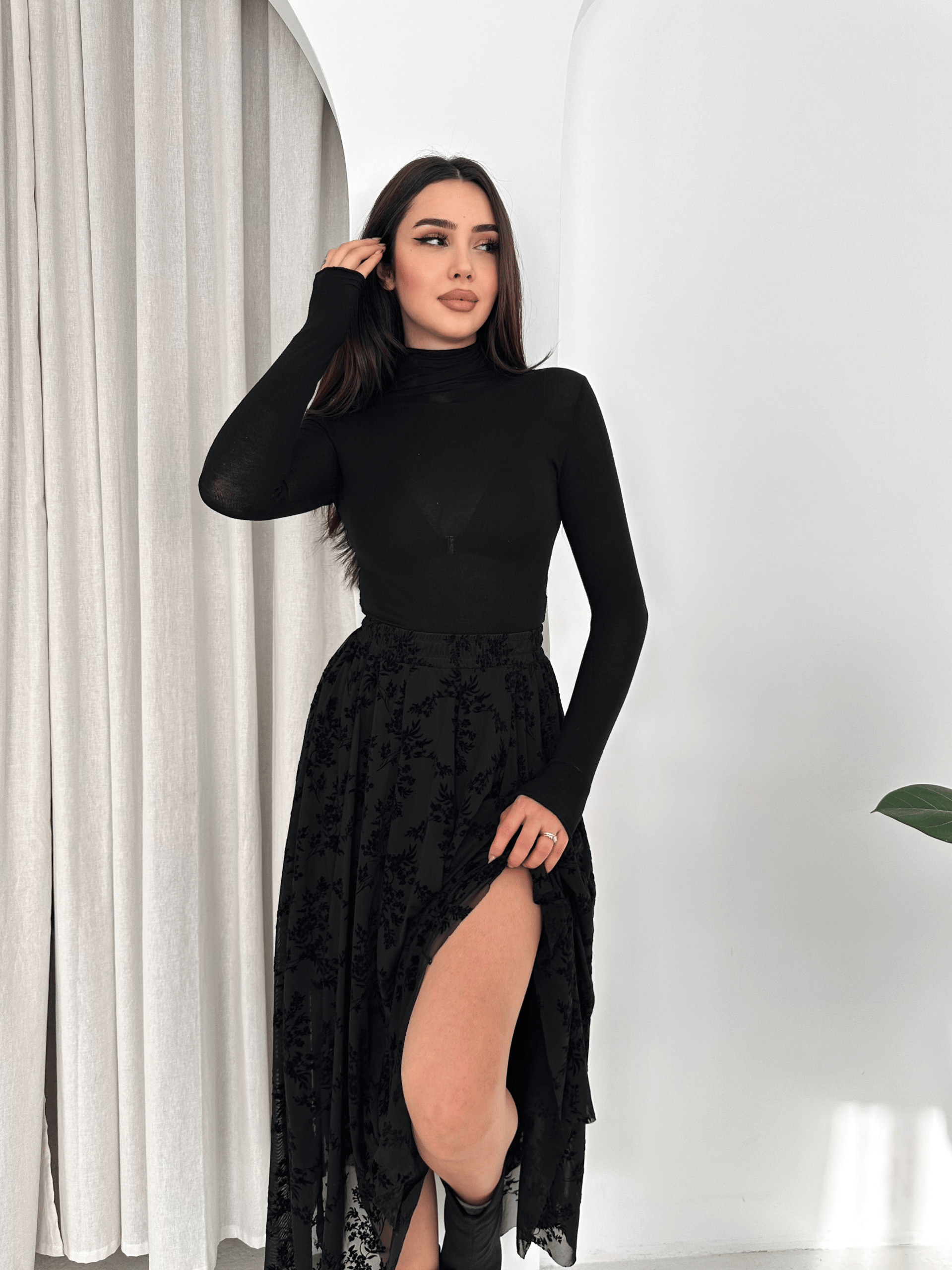 Kadın Flok Baskılı Beli Lastikli Astarlı Tül Etek