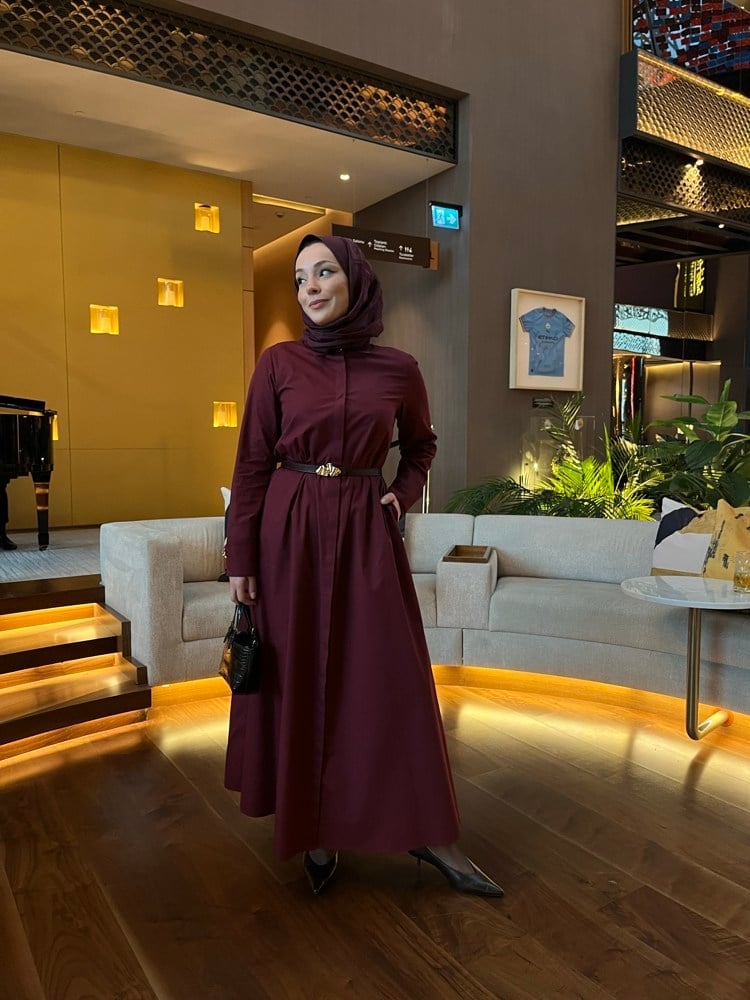 Poplin Manşetli Premium Gömlek Elbise | Bordo