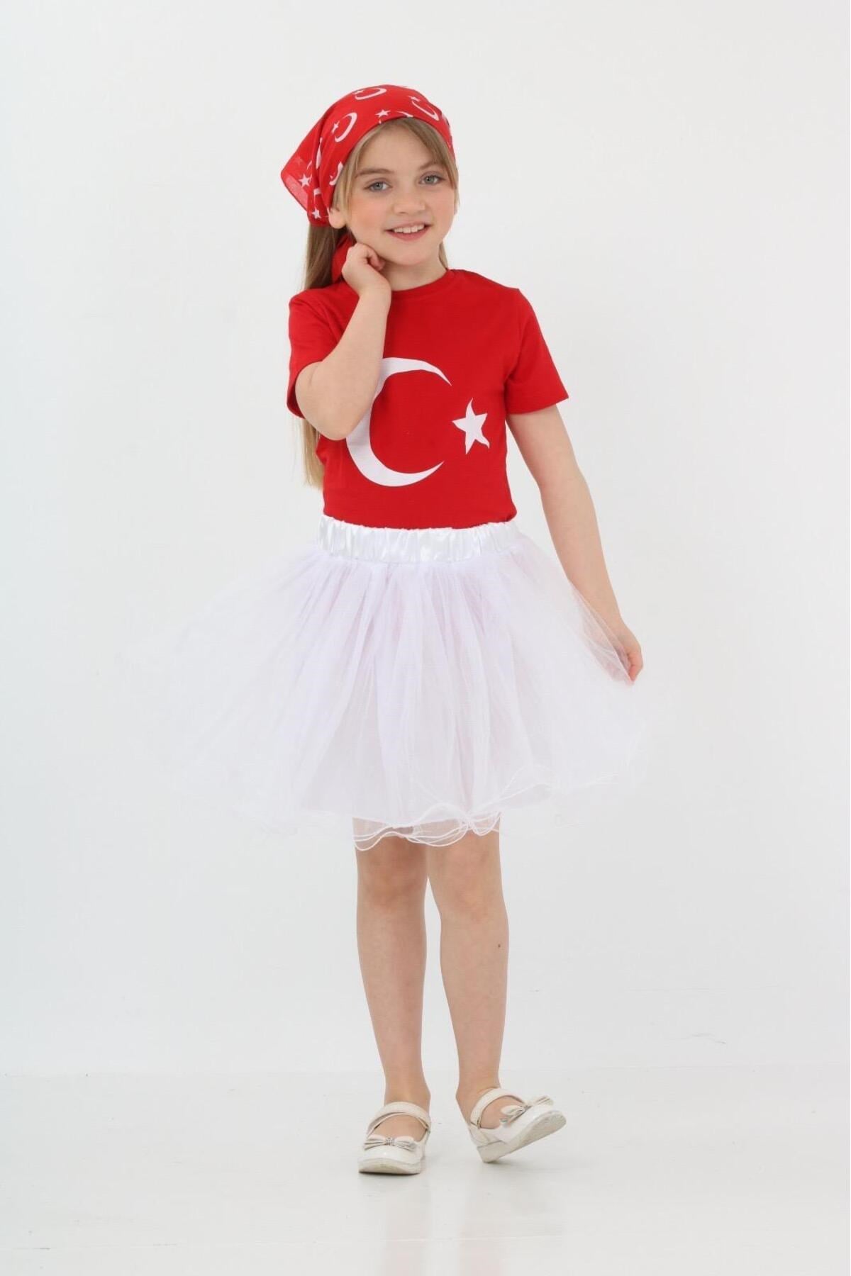 23 Nisan Gösteri Kıyafeti Kız Çocuk Etekli Tişört Takımı