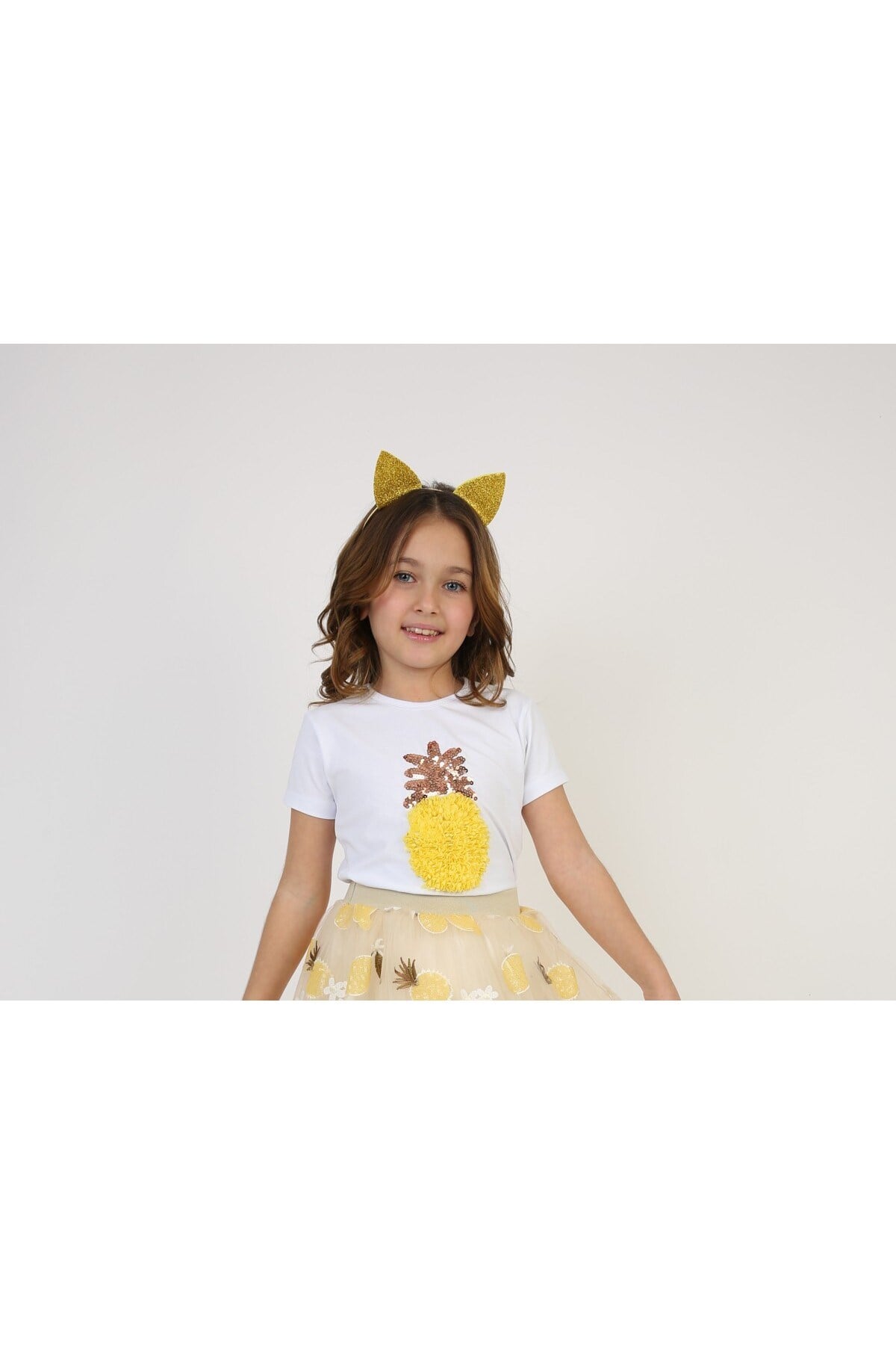 Kız Çocuk Sarı Anans Desenli T-shirt 23 Nisan 29 Ekim 10 Kasım 19 Mayıs Gösteri Kıyafetleri