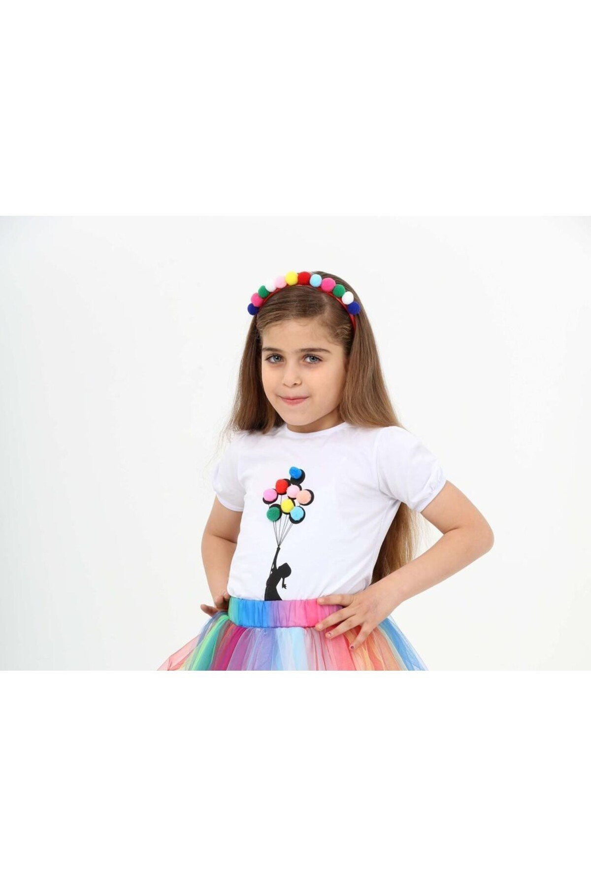 Ponponlu Balon Desenli Kız Çocuk T-shirt 23 Nisan 29 Ekim 10 Kasım 19 Mayıs Gösteri Kıyafetleri