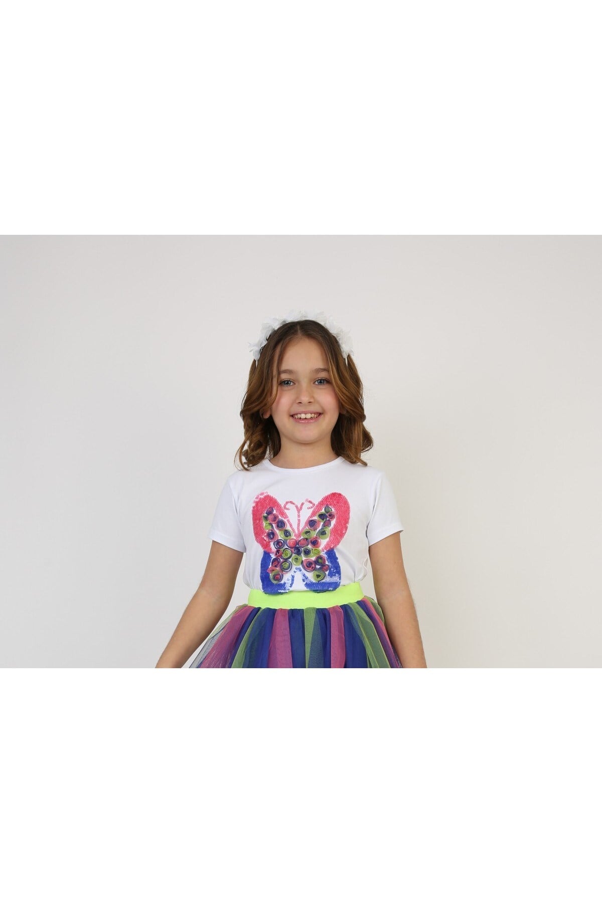 Renkli Pullu Kelebek Kız Çocuk T-shirt 23 Nisan 29 Ekim 10 Kasım 19 Mayıs Gösteri Kıyafetleri