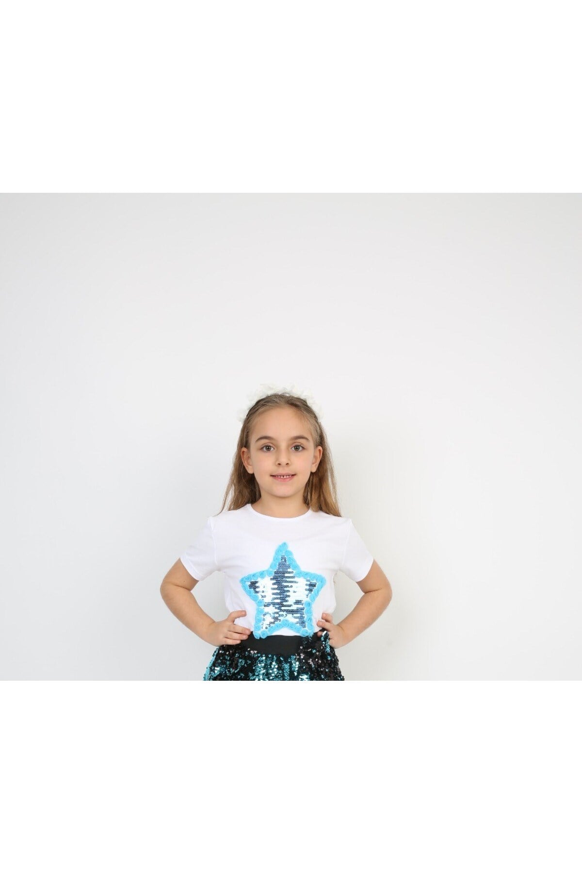 Turkuaz Pullu Yıldız Kız Çocuk T-shirt 23 Nisan 29 Ekim 10 Kasım 19 Mayıs Gösteri Kıyafetleri
