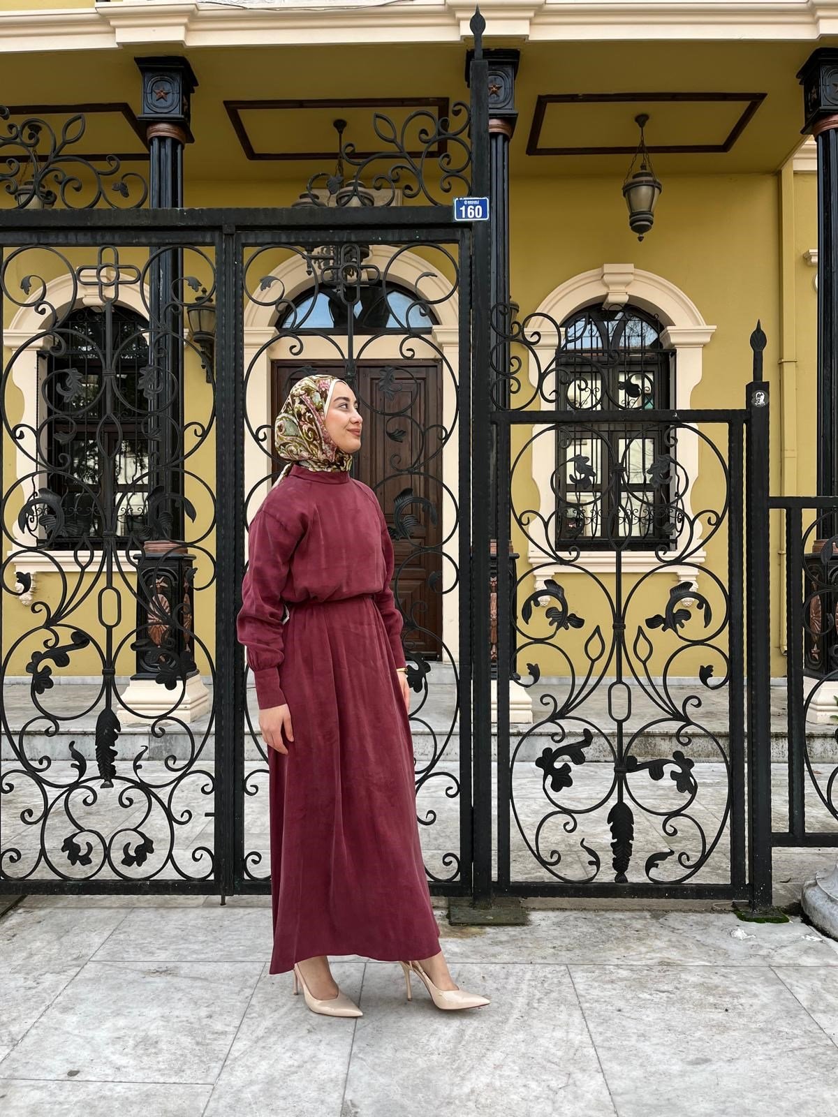 İpek Kupra Elbise Bordo
