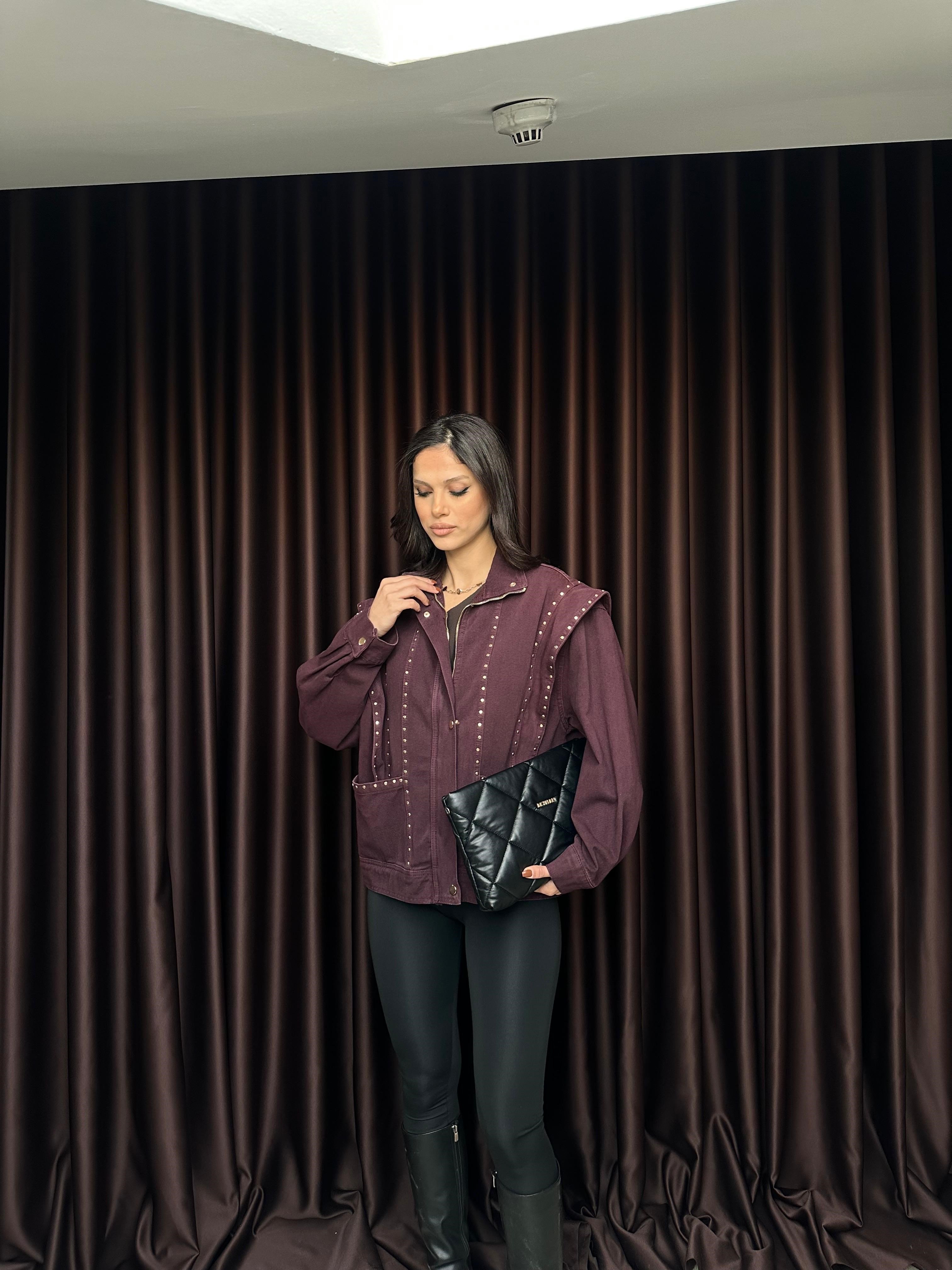 Drop Detaylı Gabardin Ceket Bordo