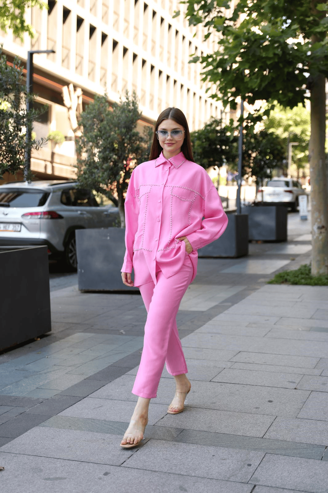 Taşlı Olivia Takım Pembe