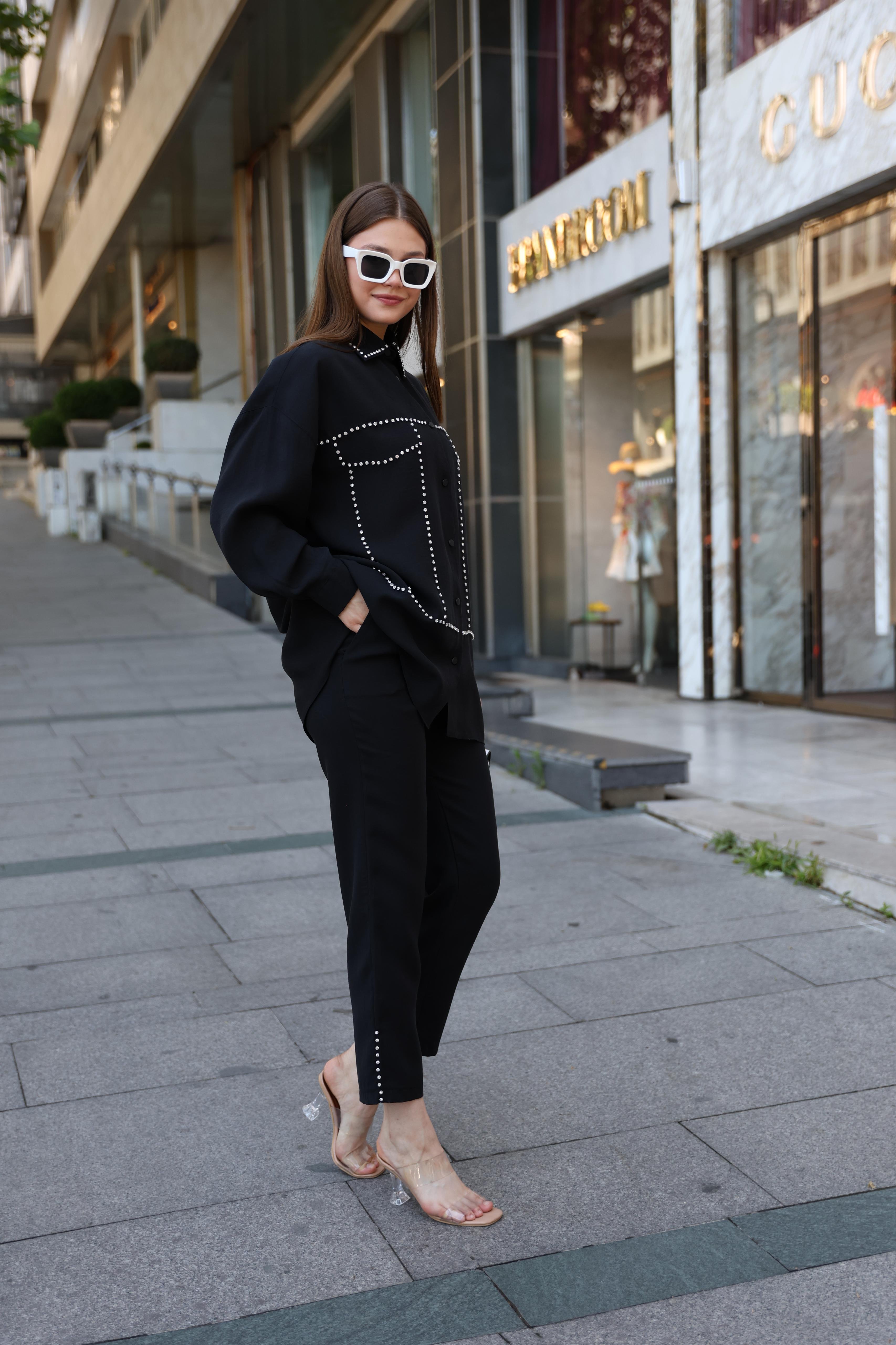 Taşlı Olivia Takım Siyah
