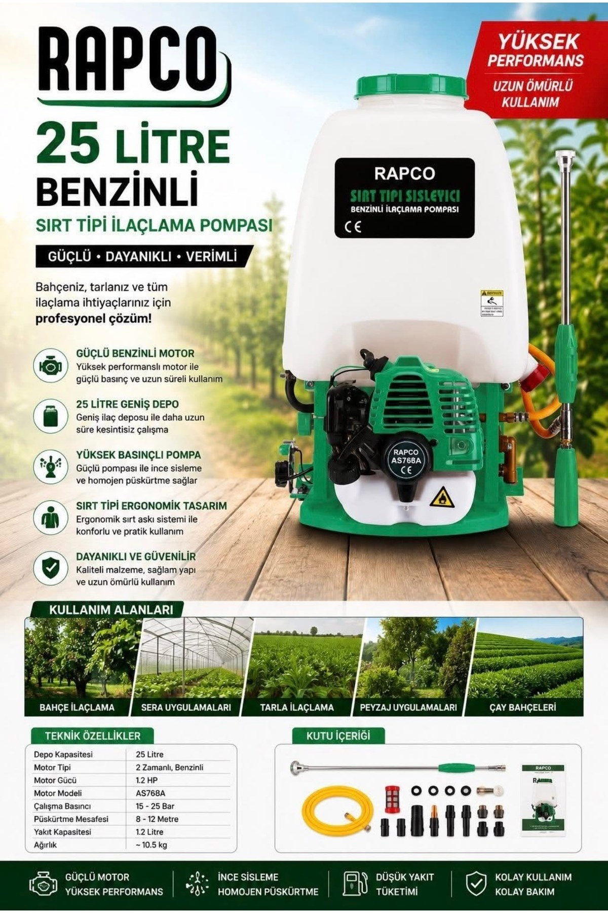 25 Litre Benzinli Sırt Tipi İlaçlama Pompası Sisleyici - 1.2 HP Profesyonel Tarım ve Bahçe Makinesi