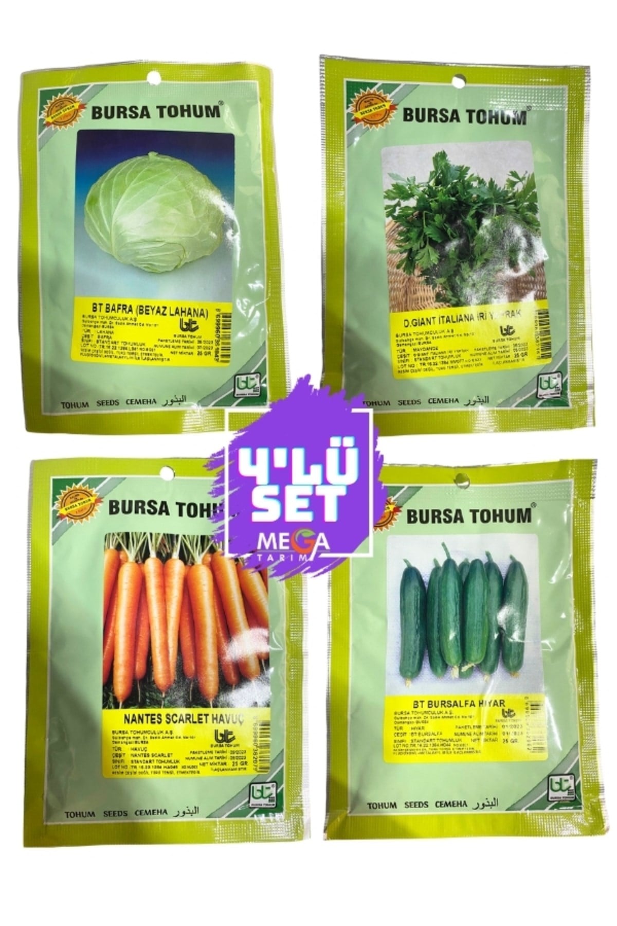 4'LÜ BURSA TOHUM SETİ ( BEYAZ LAHANA-İRİ MAYDANOZ-NANTES İRİ HAVUÇ-BURSAALPA HIYAR ) 10 GR PAKETLER