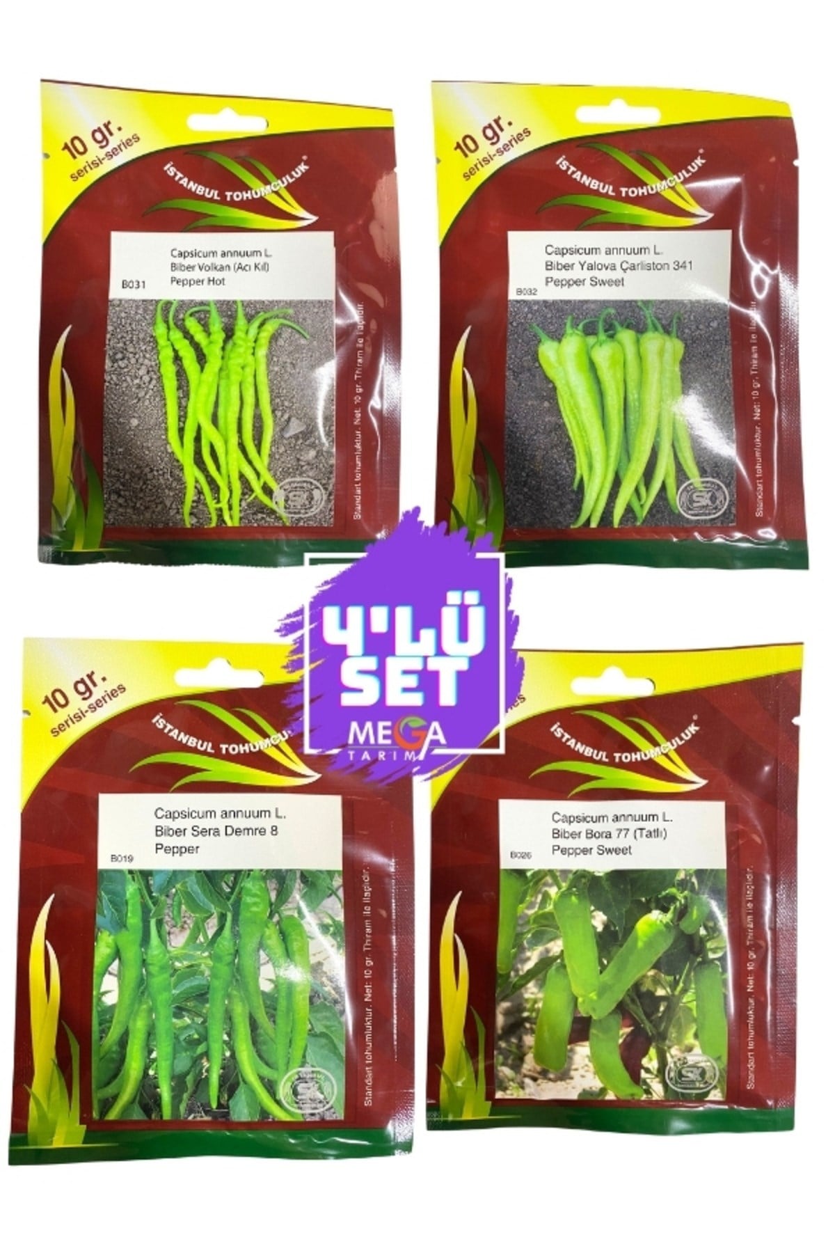 4'LÜ TOHUM SETİ ( ACI KIL BİBER- ÇARLİSTON BİBER-TATLI DEMRE BİBER-KÖY BİBERİ) 10 GR'LIK PAKET