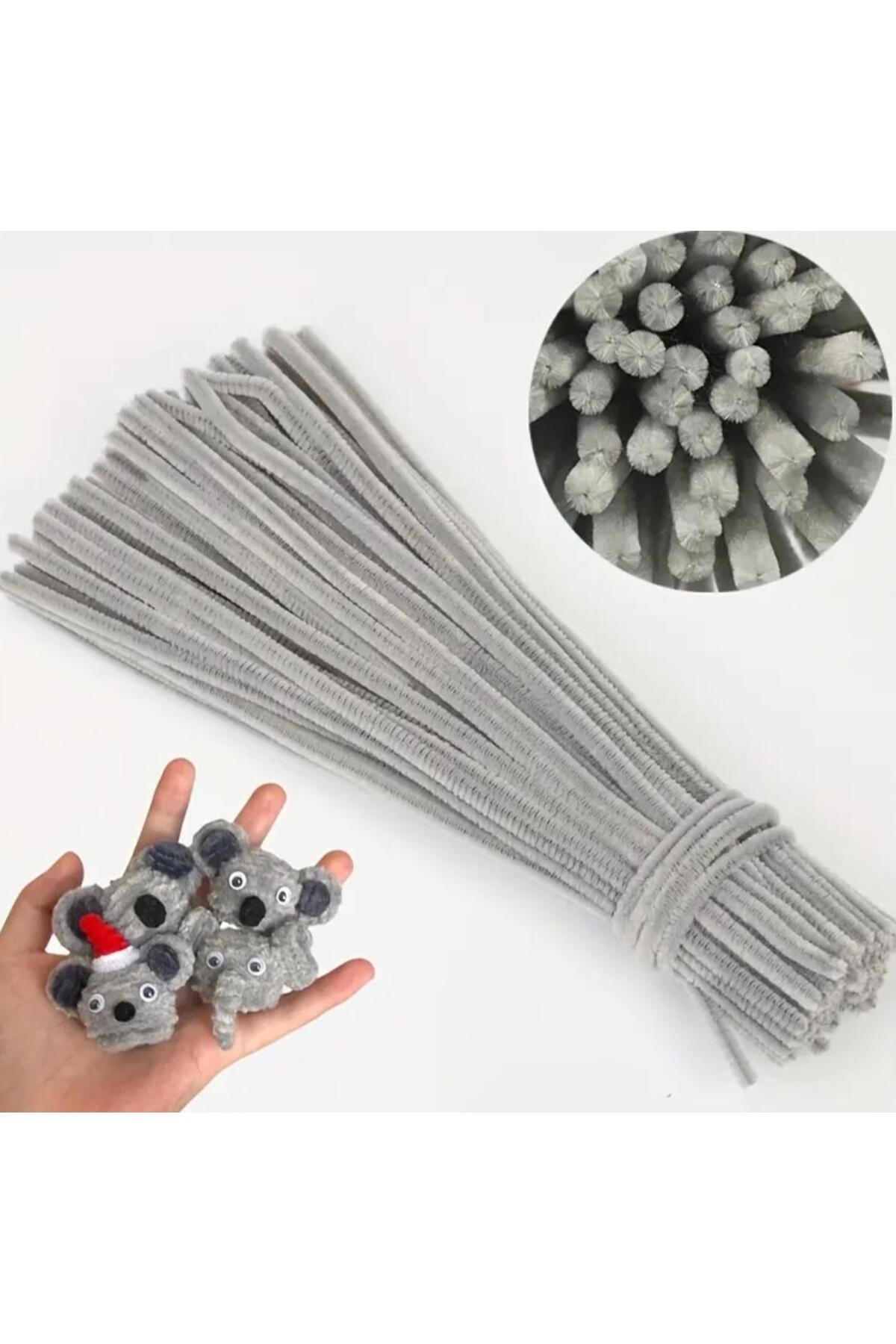 100lü Şönil, Eğitici Şönil, Tüylü Tel, Peluş Tel, kadife şönil, el işi malzemesi 30cm gri