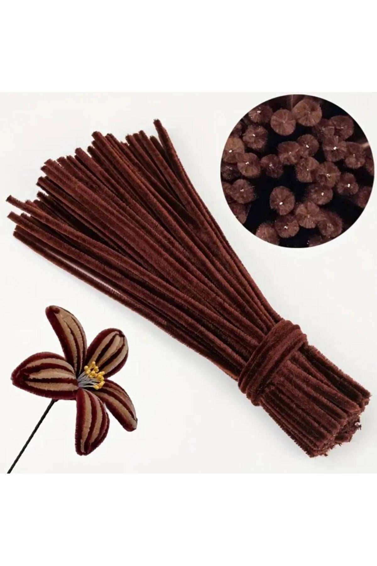 100lü Şönil, Eğitici Şönil, Tüylü Tel, Peluş Tel, kadife şönil, el işi malzemesi 30cm kızıl kahve