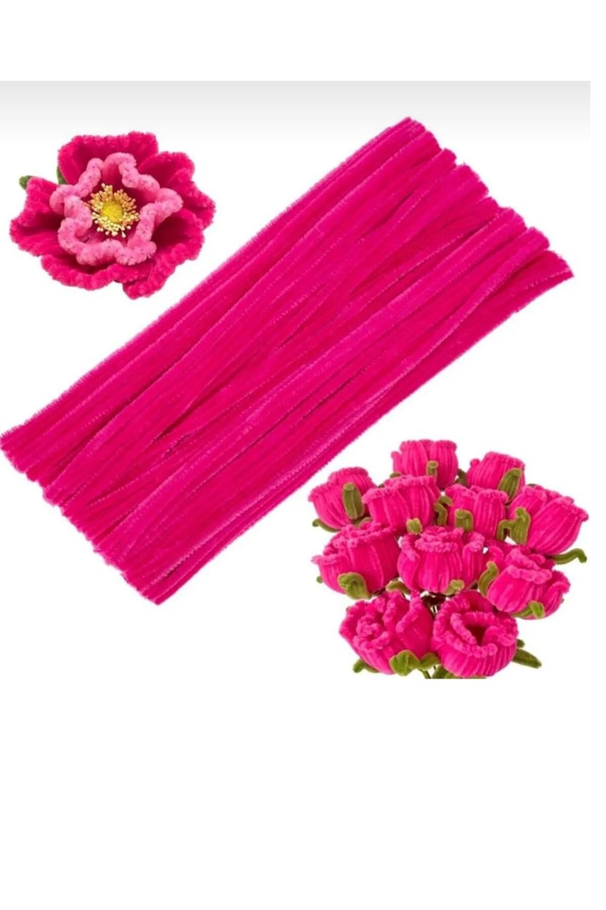 100lü Şönil, Eğitici Şönil, Tüylü Tel, Peluş Tel, kadife şönil, el işi malzemesi 30cm fuşya