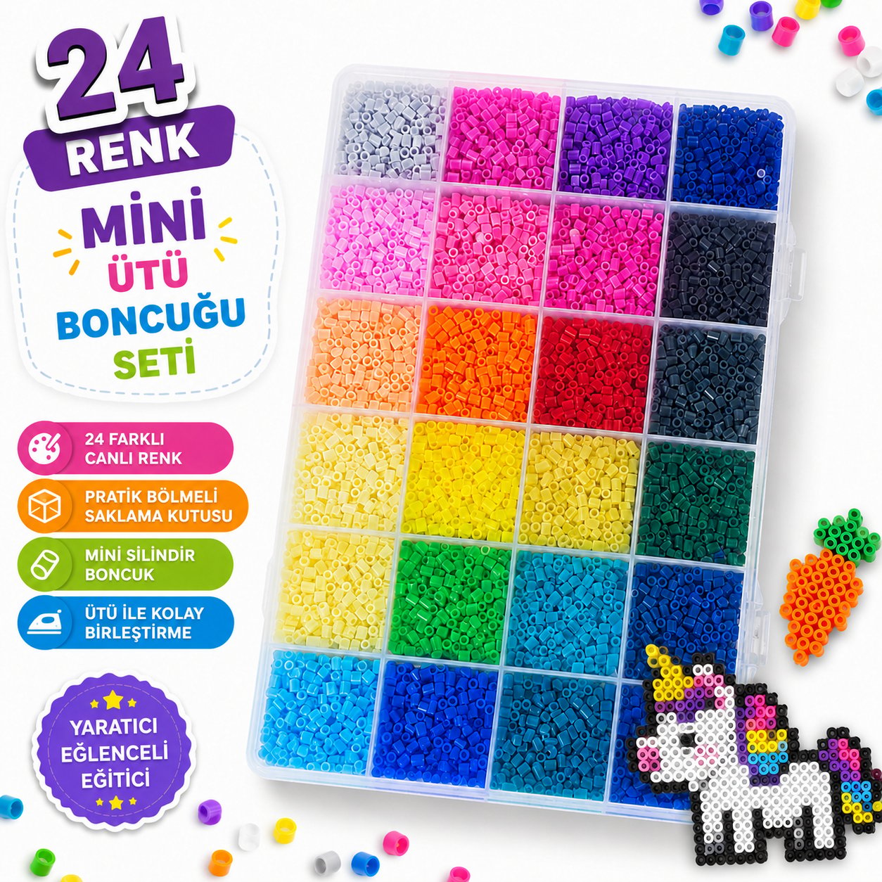 24 Renk Mini Ütü Boncuğu Seti Silindir Boncuk Hama Boncuk Fuse Beads Piksel Sanatı El Sanatları Boncuk Kutulu, Midi Fuse Beads Set, Pixel Art Hama Boncuk, Çocuk ve Yetişkin Hobi Boncuk Seti Kutulu