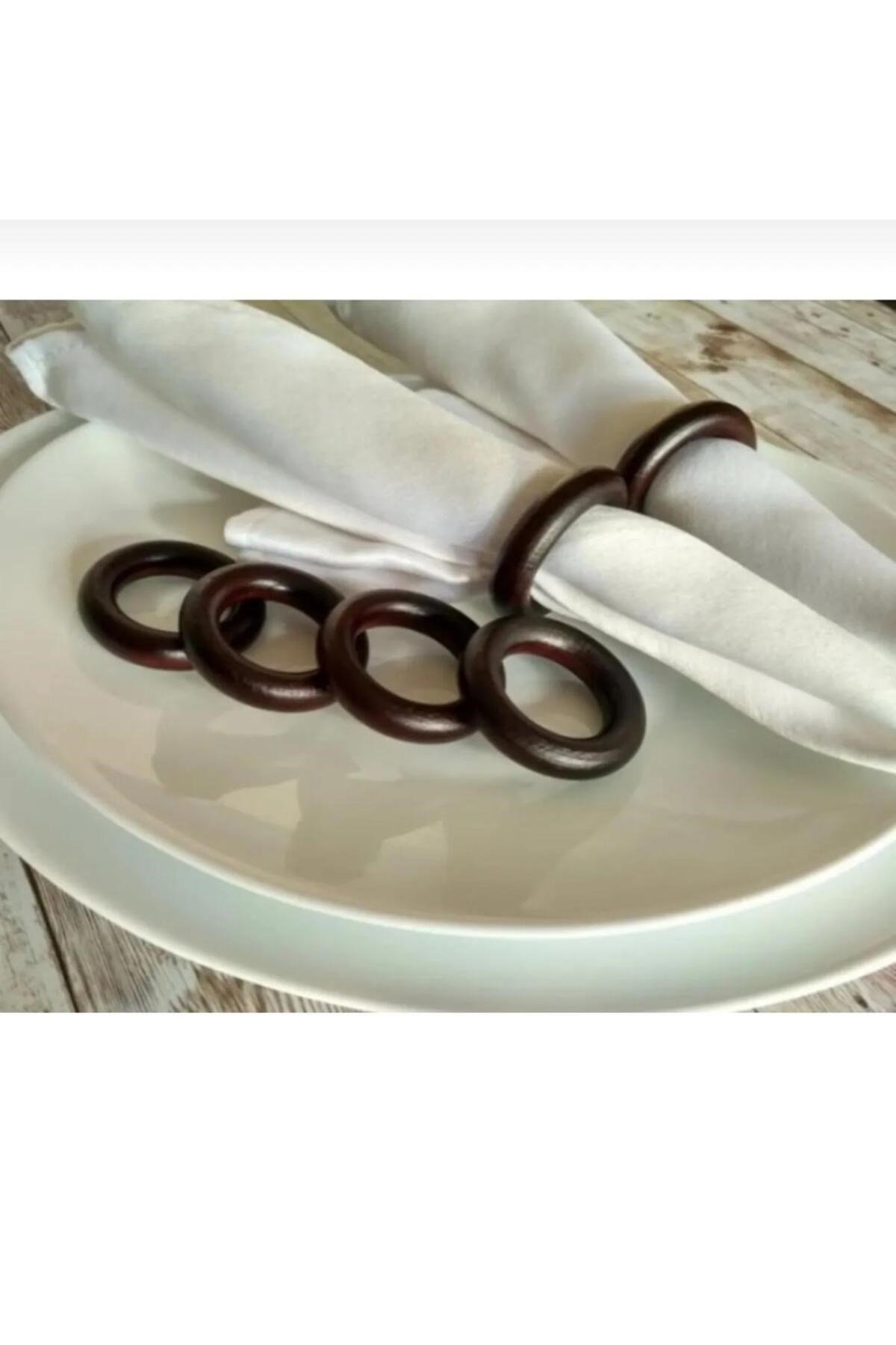 6'lı Vintage Koyu Kahve Ahşap Halka Peçete Yüzüğü Peçetelik Peçete Halkası Hediyelik