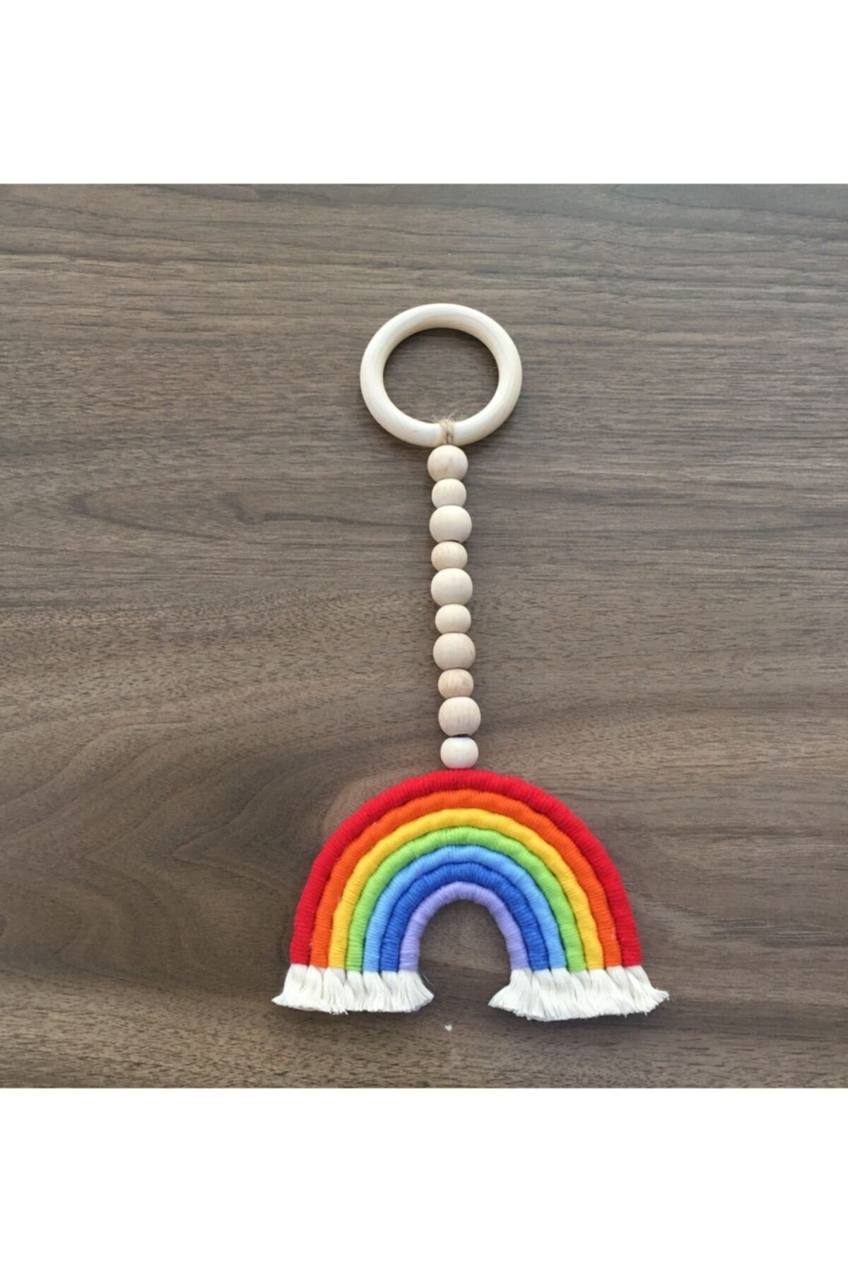 Ahşap Askılı Makrome Gökkuşağı Bohem Dekor Çocuk Bebek Odası Süsü 72krmz