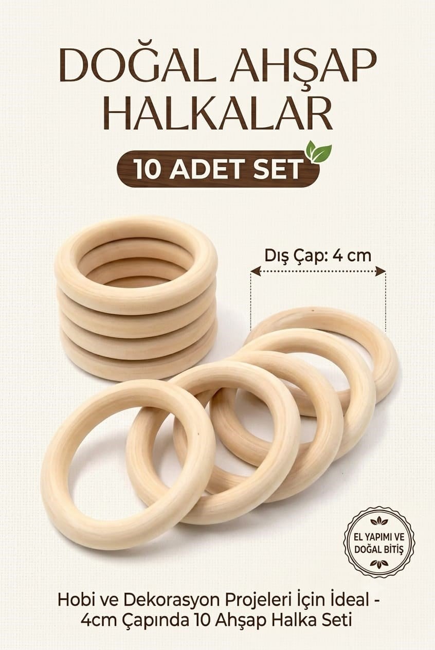 Amigurumi Ahşap Diş Kaşıyıcı Halka 40mm (10 Adet) - Doğal Ahşap Makrome Halkası Çanta Sapı Amigurumi Hobi Malzemesi
