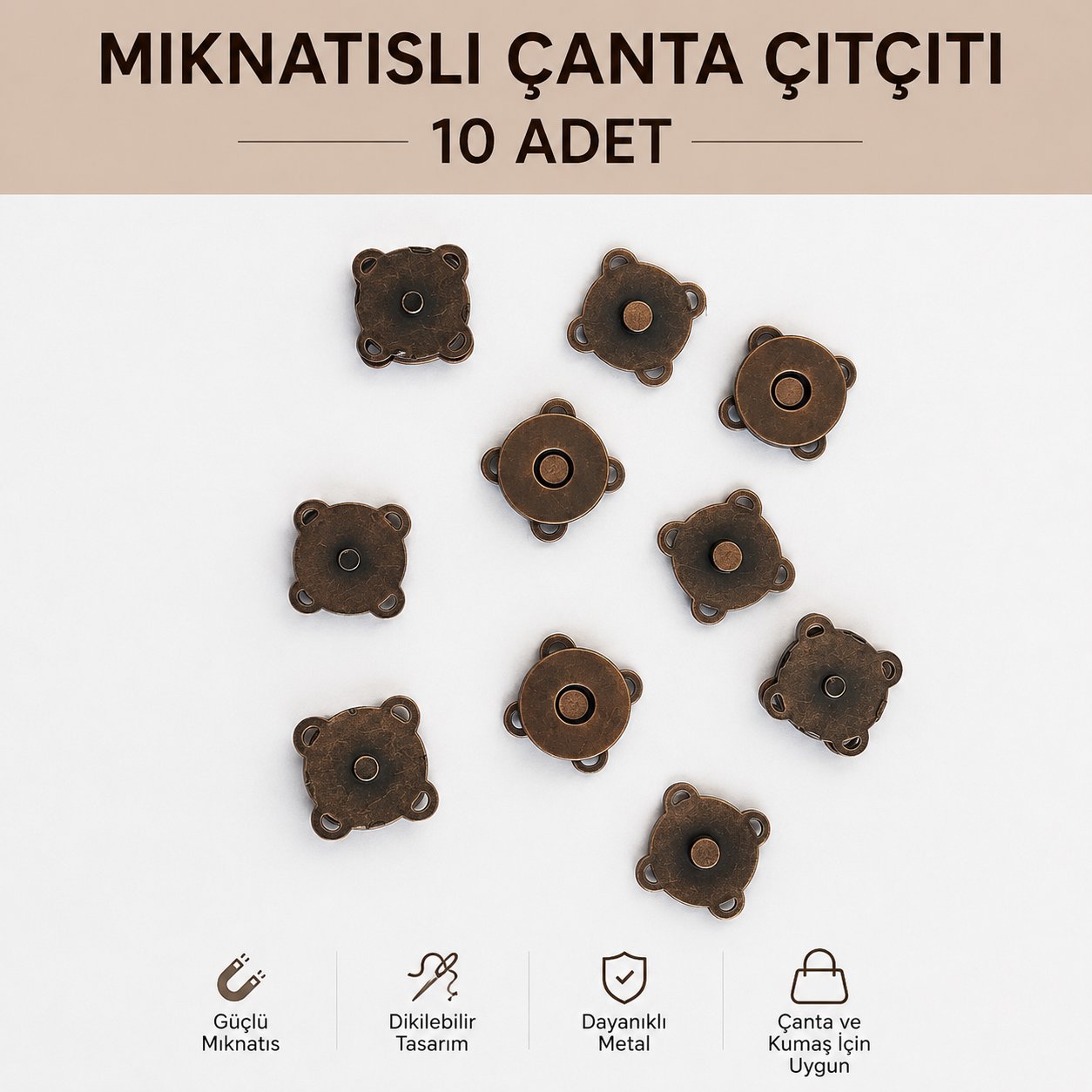 Antik Bakır Mıknatıslı Çıtçıt -  Dikilebilir Çanta Çıtçıtı - Manyetik Çanta Klipsi - Çanta Kapatma Aparatı - Dikilebilir Mıknatıs