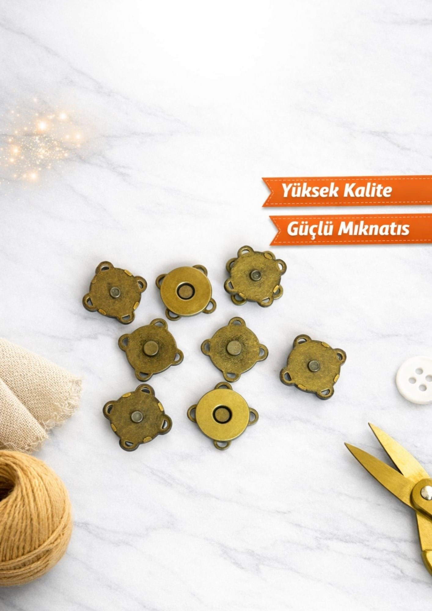 Antik Sarı Mıknatıslı Çıtçıt -  Dikilebilir Çanta Çıtçıtı - Manyetik Çanta Klipsi - Çanta Kapatma Aparatı - Dikilebilir Mıknatıs