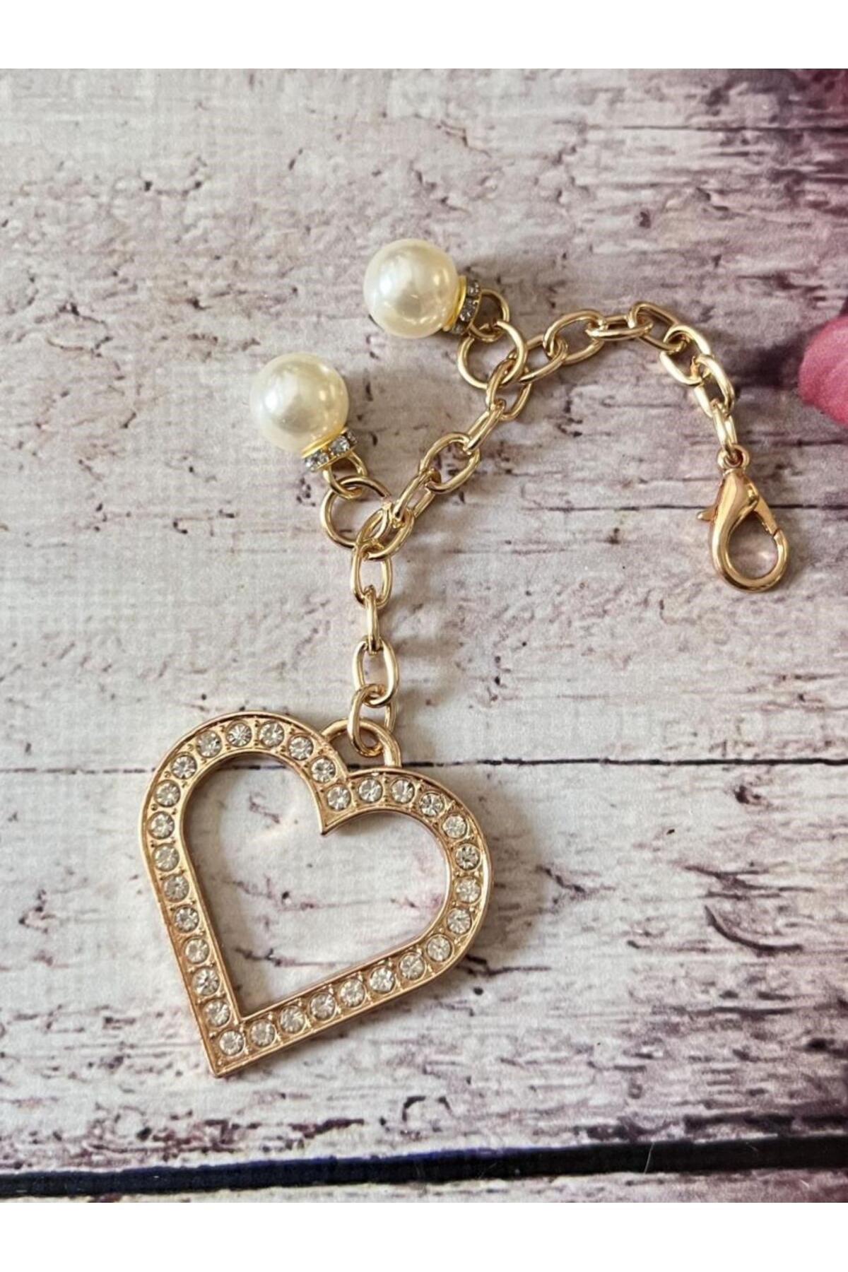 Çanta Aksesuarı, Anahtarlık, Çanta Süsü, Kadın Aksesuar Gold Taşlı Kalpli