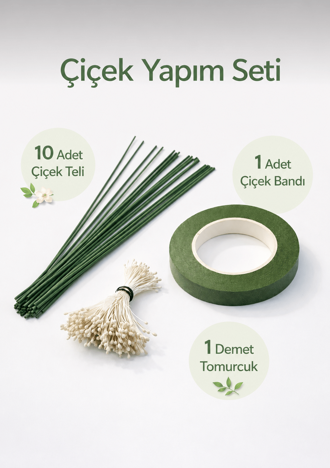 Çiçek Yapım Seti - 10 Adet 40 cm Çiçek Teli + Çiçek Bandı + 7 gr Tomurcuk - Yapay Çiçek Malzemeleri